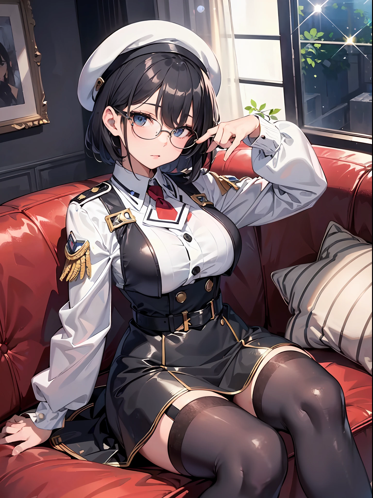 ((masterpiece)), ((best quality)), (ultra-detailed), ((kawaii)), cute, (lovely), ((sexy)), (ero), ((extremely detailed)), 4K, (8K), best quality, (beautiful), anime style, flat color, painting, full body, upper body, gradation, full body focus, in the room, sofa, a cute girl, 1girl, solo, military costume,, beautiful black hair, beautiful black eyes, ((beautiful eyes)), white-skinned, short hair1, large breast, beret hat, glasses, cool, sparkling effect, lens flare, shiny-glistening, gleaming