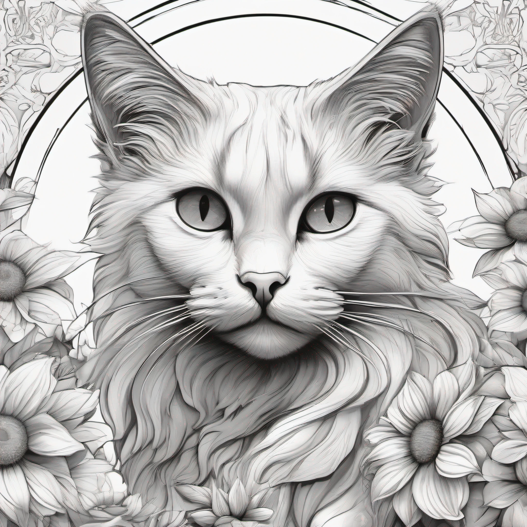 A large white china cat sunflower, fantasy, magical, mystical, extremely cute , (((((pure white background))))), monochrome, pure black and white, crisp drawing line, the highest quality child coloring book style, modern anime style, an illustration that pays tribute to the iconic styles of Artgerm, Aleksi Briclot, and Charlie Bowater, created in a digital doodle line art style, with ink drawing vector crisp lines, the ultra clean and bold lines found in cutest cartoon styles on [Michael Whelan] with a low level of detail to give it a sharp and clean appearance. The cartoon style is bold and crisp line inspired