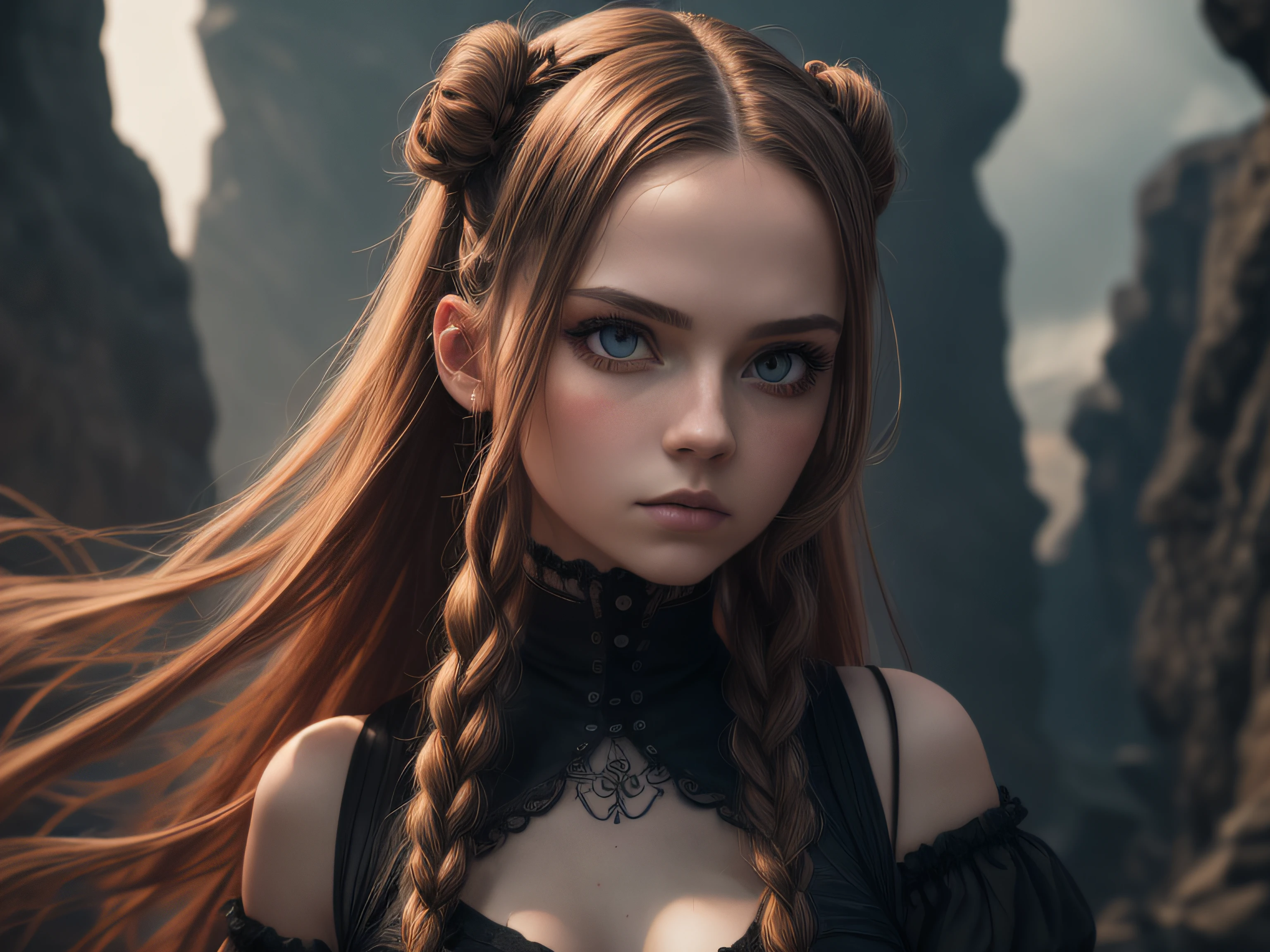 rim lighting, (upper body portrait:1.2), gorgeous cute skinny pale 13 old girl, red long hair waving in the wind, braids, buns, goth girl, goth clothes, eye makeup, perfect symmetrical face, small breasts, dynamic pose, looking into the camera, fractal background, apocalyptica, raw color photo, perfectly photorealistic, incredibly detailed, 8k, UHD, high quality, film grain, 50mm photography,
