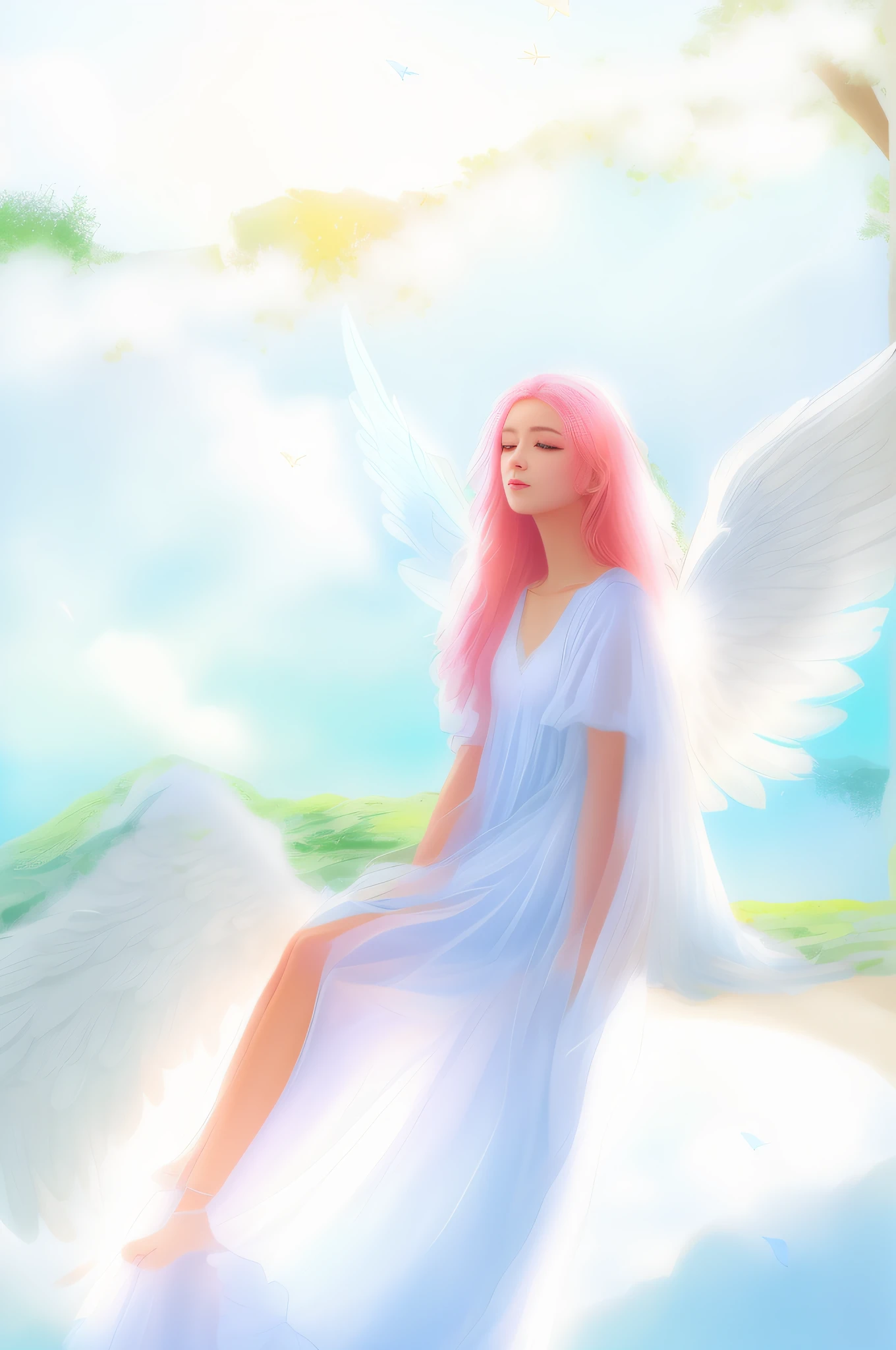 Arafed anjo sentado em uma rocha em um vestido branco, anjo bonito, anjo sentado em uma rocha, anjo feminino bonito, Um Anjo da Luz do Amanhecer, de anjo lindo, de uma menina anjo bonita, menina com asas de anjo, Ethereal Angelic Being of Light, Angelic Light, Retrato de um anjo bonito, beautiful angelic wings