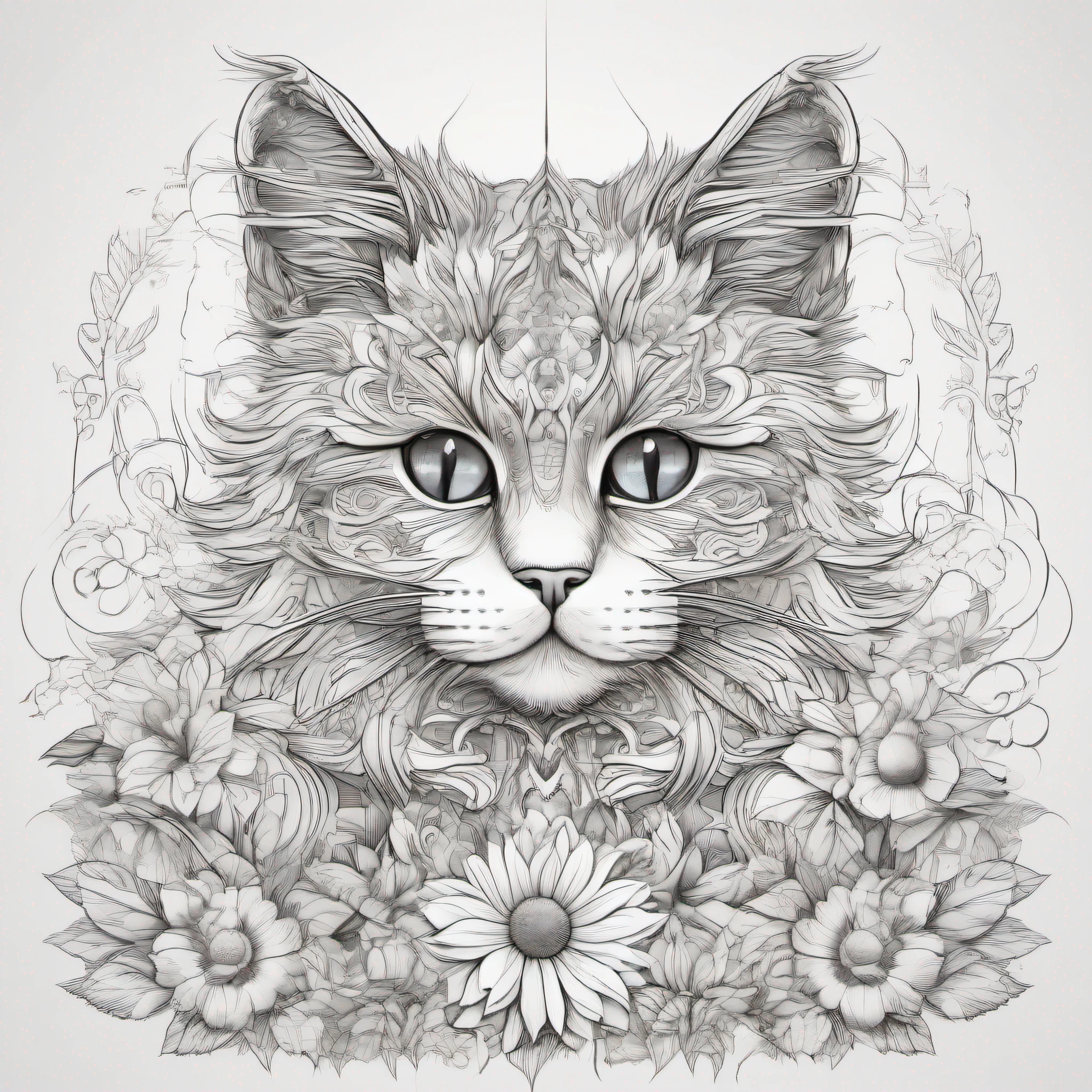 A large white china cat sunflower, fantasy, magical, mystical, extremely cute , (((((pure white background))))), monochrome, pure black and white, crisp drawing line, the highest quality child coloring book style, modern anime style, an illustration that pays tribute to the iconic styles of Artgerm, Aleksi Briclot, and Charlie Bowater, created in a digital doodle line art style, with ink drawing vector crisp lines, the ultra clean and bold lines found in cutest cartoon styles on [Michael Whelan] with a low level of detail to give it a sharp and clean appearance. The cartoon style is bold and crisp line inspired