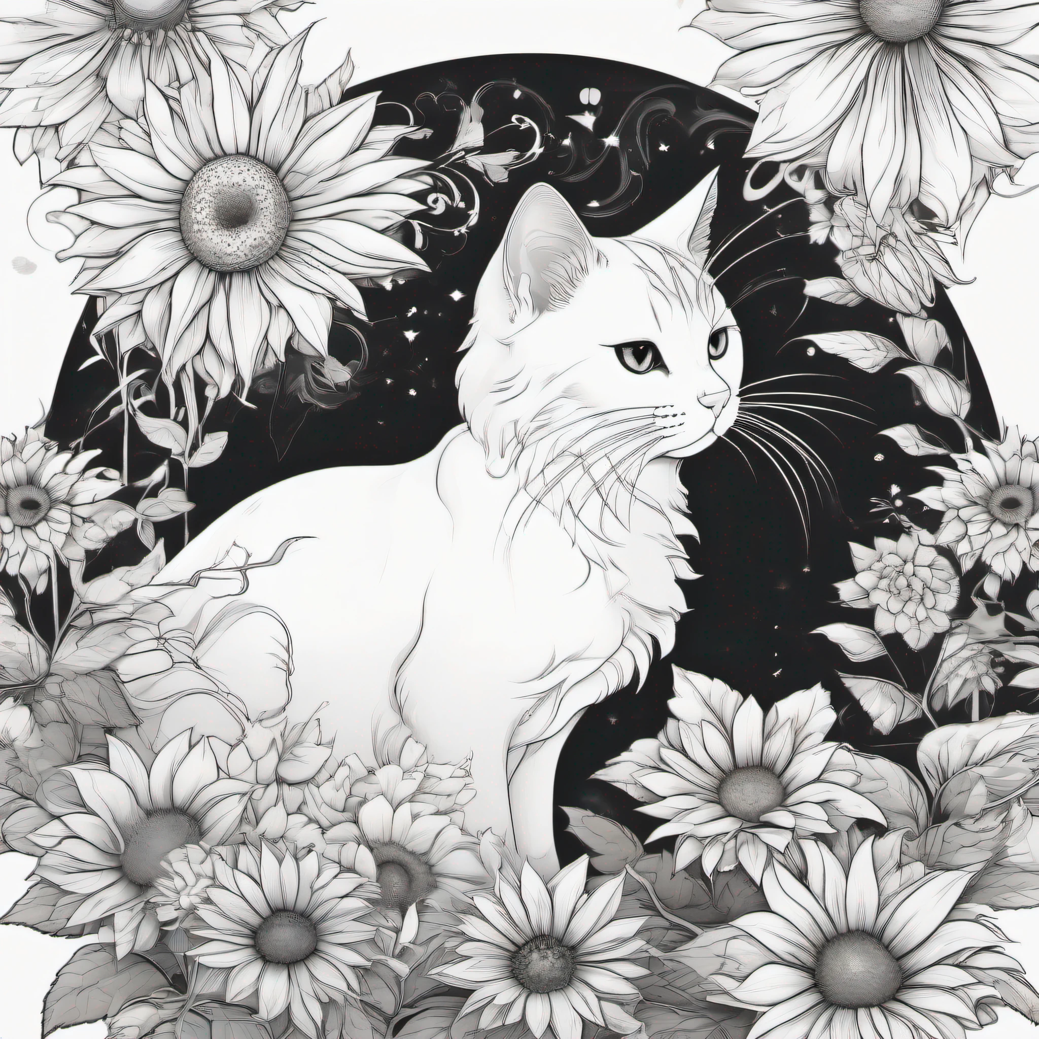 A large white china cat sunflower, fantasy, magical, mystical, extremely cute , (((((pure white background))))), monochrome, pure black and white, crisp drawing line, the highest quality child coloring book style, modern anime style, an illustration that pays tribute to the iconic styles of Artgerm, Aleksi Briclot, and Charlie Bowater, created in a digital doodle line art style, with ink drawing vector crisp lines, the ultra clean and bold lines found in cutest cartoon styles on [Michael Whelan] with a low level of detail to give it a sharp and clean appearance. The cartoon style is bold and crisp line inspired