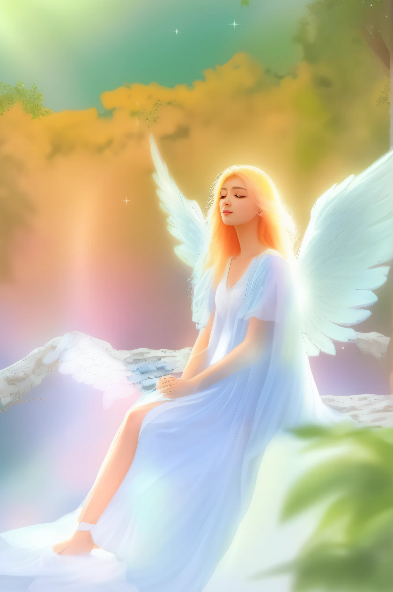 Arafed anjo sentado em uma rocha em um vestido branco, anjo bonito, anjo sentado em uma rocha, anjo feminino bonito, Um Anjo da Luz do Amanhecer, de anjo lindo, de uma menina anjo bonita, menina com asas de anjo, Ethereal Angelic Being of Light, Angelic Light, Retrato de um anjo bonito, beautiful angelic wings
