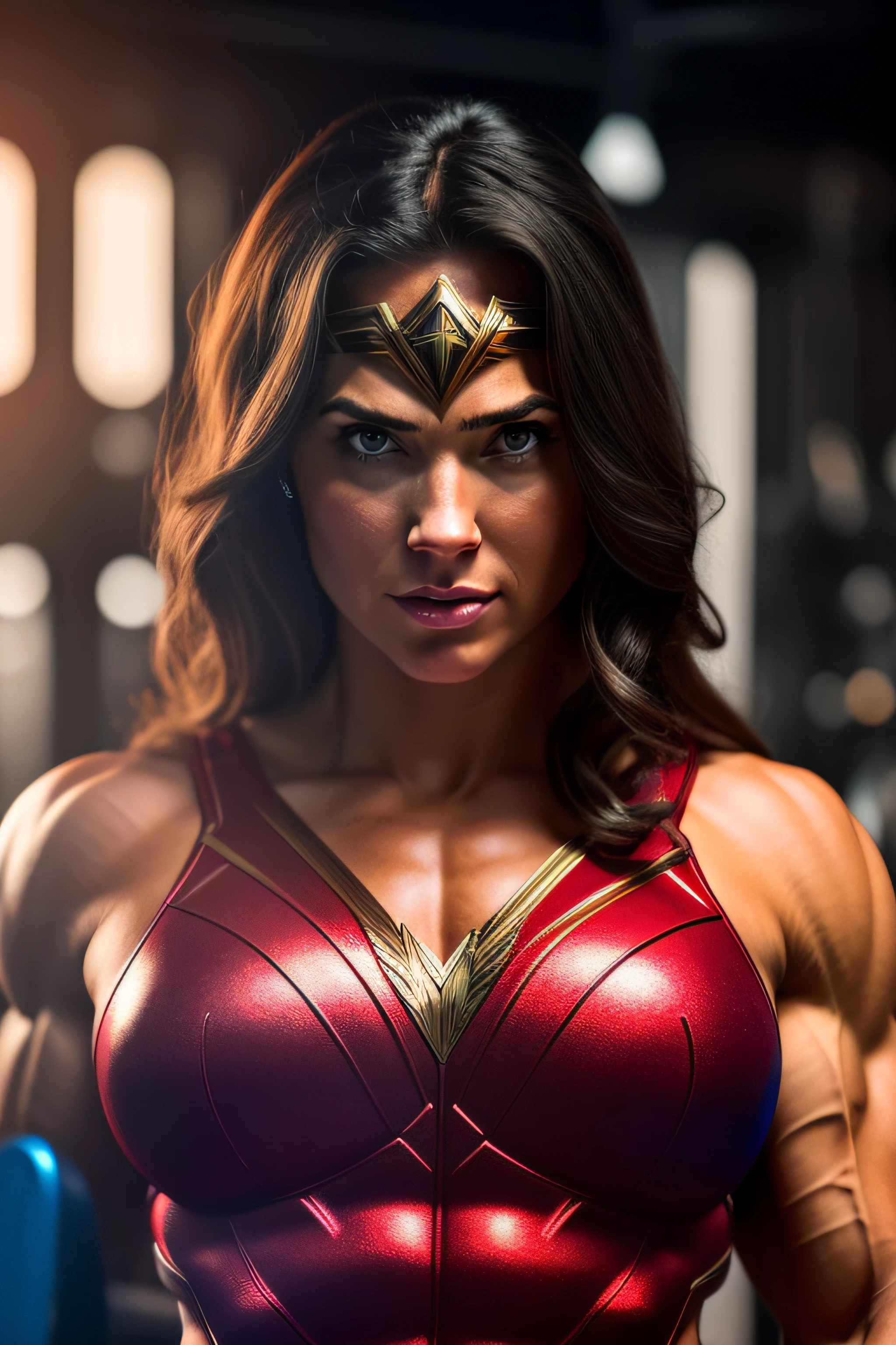 Soft cinematic lighting illuminates an incredibly detailed and ultra-realistic Wonder Woman bodybuilder, muscular, Super Strength, red and blue armor and shorts, which is trending on ArtStation. Octane is the perfect tool to capture the smoothest details of this masterpiece of 16k photography. ((The realistic scenario is of a weight training gym))