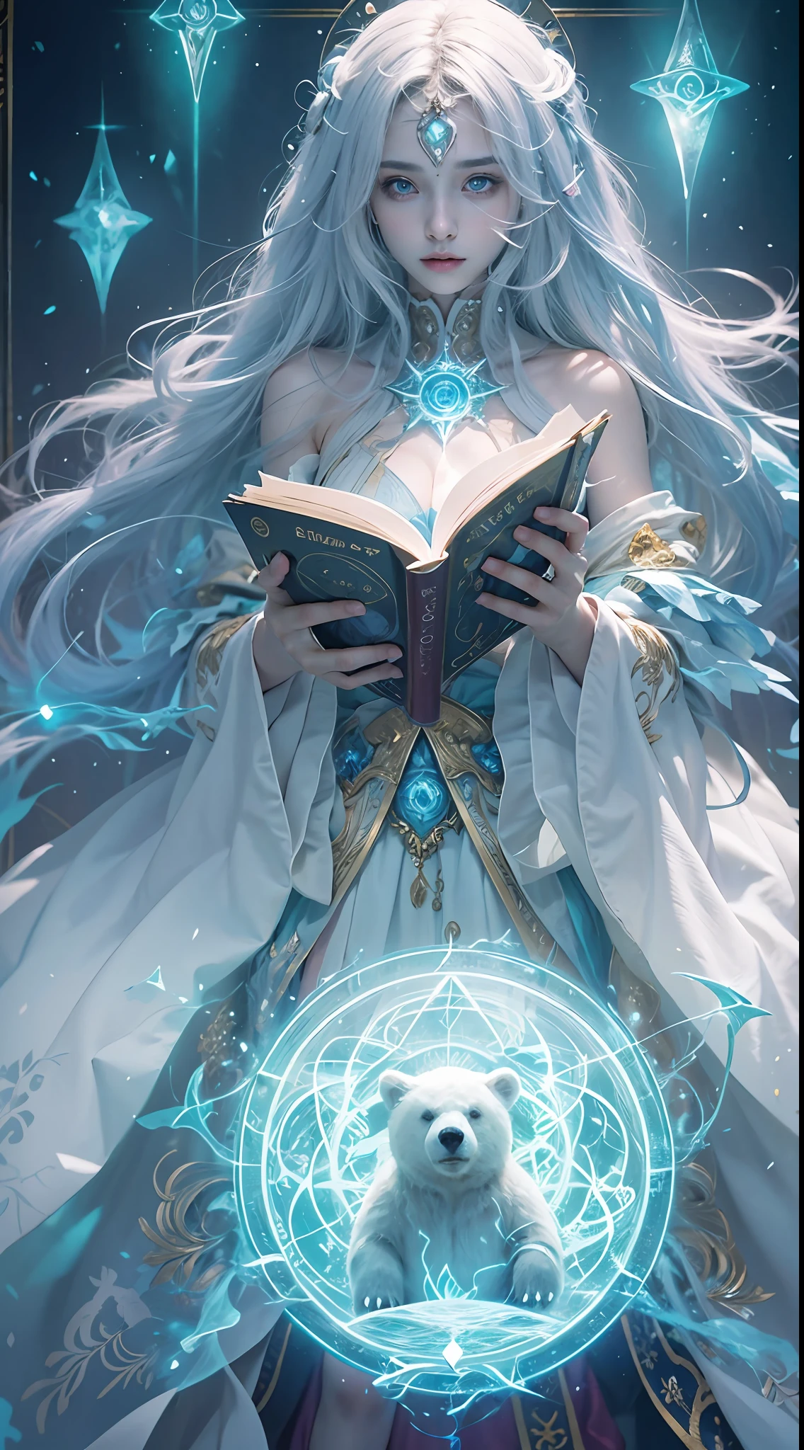 A crystal castle sealed in a magic book,Blood,Night, Dark, (fantasy),unlimited,Deep blue sky,The abyss of knowledge,cowl,((masutepiece)), (((Best quality))),((Beautiful fine eyes)),(eyeslashes)、(((Beautiful girl riding a huge white bear)))、(1 rapariga)、The perfect human structure、Blowing in the wind、long whitr hair、abyss eyes、glowy skin、oiled、small tits、Wizard robes、Tattered fabric、Realistic coat、Think、Super delicate CG Unity 32k wallpaper、tmasterpiece, ((ultra - detailed)), ((illustratio)),Extremely colorful,the wallpaper,energy,Unknown terror,mind bending,Around the magic,Magical environment,wands,Boken,Flight page,Know it all,Predicting the future、Learn about the past、Infinite wisdom、Blue Flame、Warlock、Magic Circles、pentacle、Spells、mantra、Singing magic