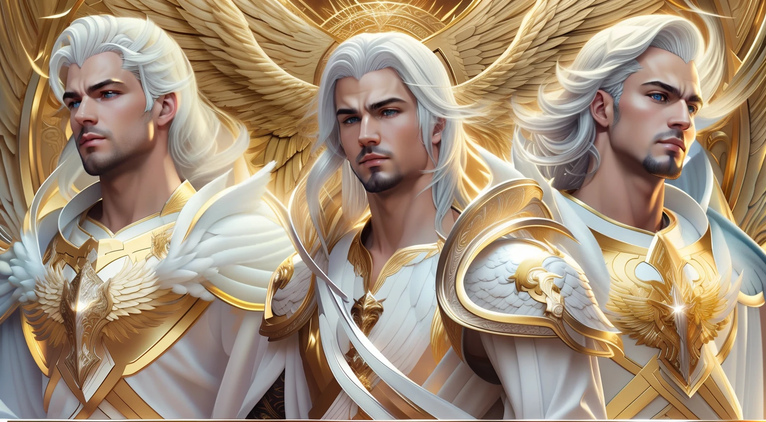 Close-up of 3 angels (Male), (three imposing male angels), with white hair and wings, with white heavenly armor and golden details, majestic angels with a full body, male halo, archangel, --v 6