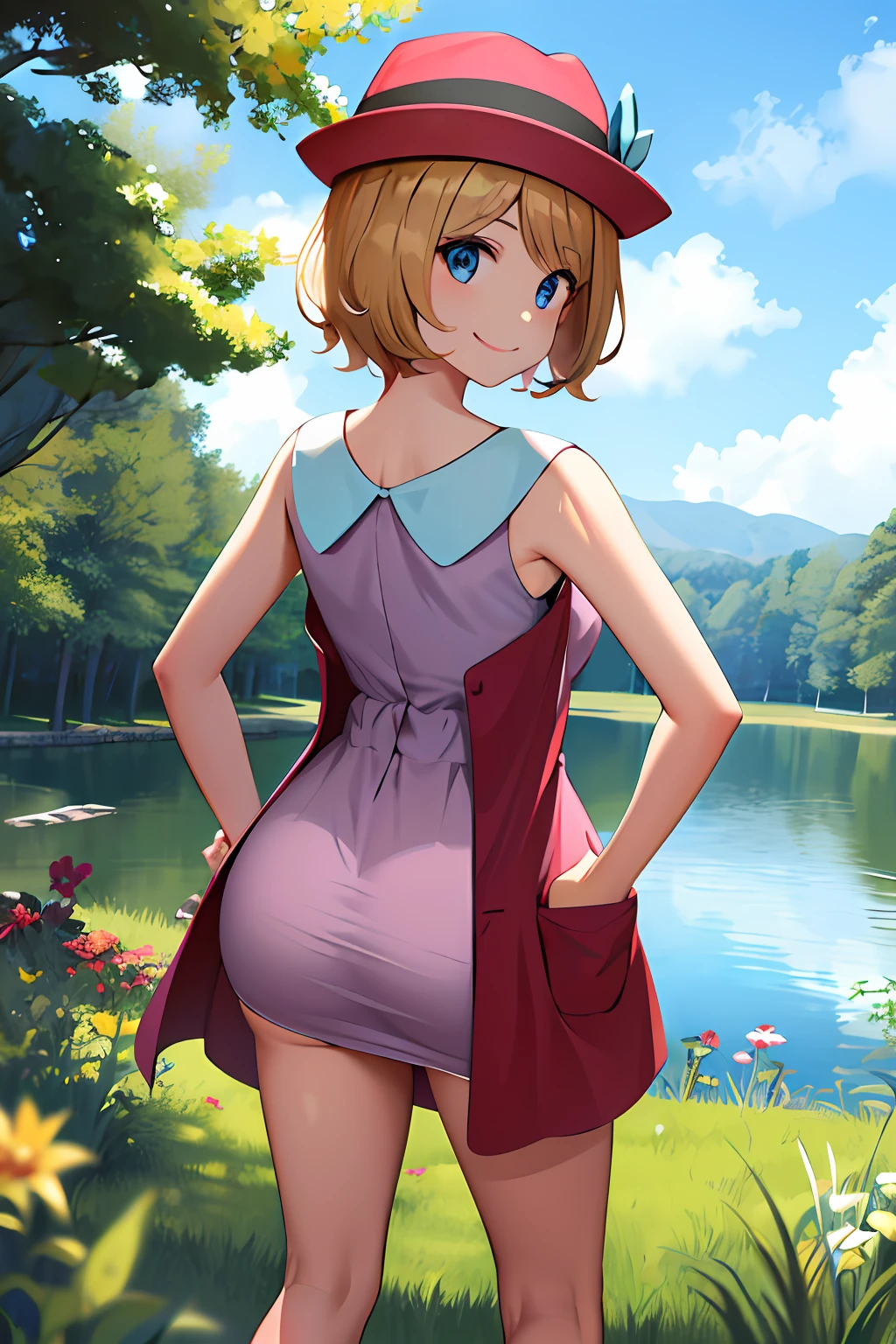 masterpiece, best quality, highres, serena \(pokemon\), short hair, blue eyes, 1girl, solo, blue ribbon, eyelashes, black thighs, neck ribbon, sleeveless, bangs, collarbone, bare arms, pink dress, red coat, pink hat, outdoor, sitting, back, turning back to the viewer, looking over shoulder, smile, skirt raised, showing underwear, panties, tight panties,  red panties, hands on hips, pregnant, advanced pregnancy.