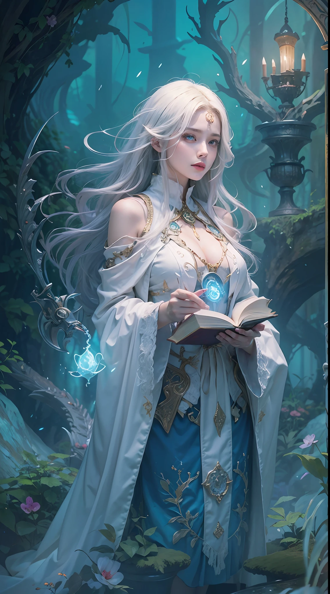 A crystal castle sealed in a magic book,Blood,Night, Dark, (fantasy),unlimited,Deep blue sky,The abyss of knowledge,cowl,((masutepiece)), (((Best quality))),((Beautiful fine eyes)),(eyeslashes)、(((Beautiful girl riding a huge white bear)))、(1 rapariga)、The perfect human structure、Blowing in the wind、long whitr hair、abyss eyes、glowy skin、oiled、small tits、Wizard robes、Tattered fabric、Realistic coat、Think、Super delicate CG Unity 32k wallpaper、tmasterpiece, ((ultra - detailed)), ((illustratio)),Extremely colorful,the wallpaper,energy,Unknown terror,mind bending,Around the magic,Magical environment,wands,Boken,Flight page,Know it all,Predicting the future、Learn about the past、Infinite wisdom、Blue Flame、Warlock、Magic Circles、pentacle、Spells、mantra、Singing magic