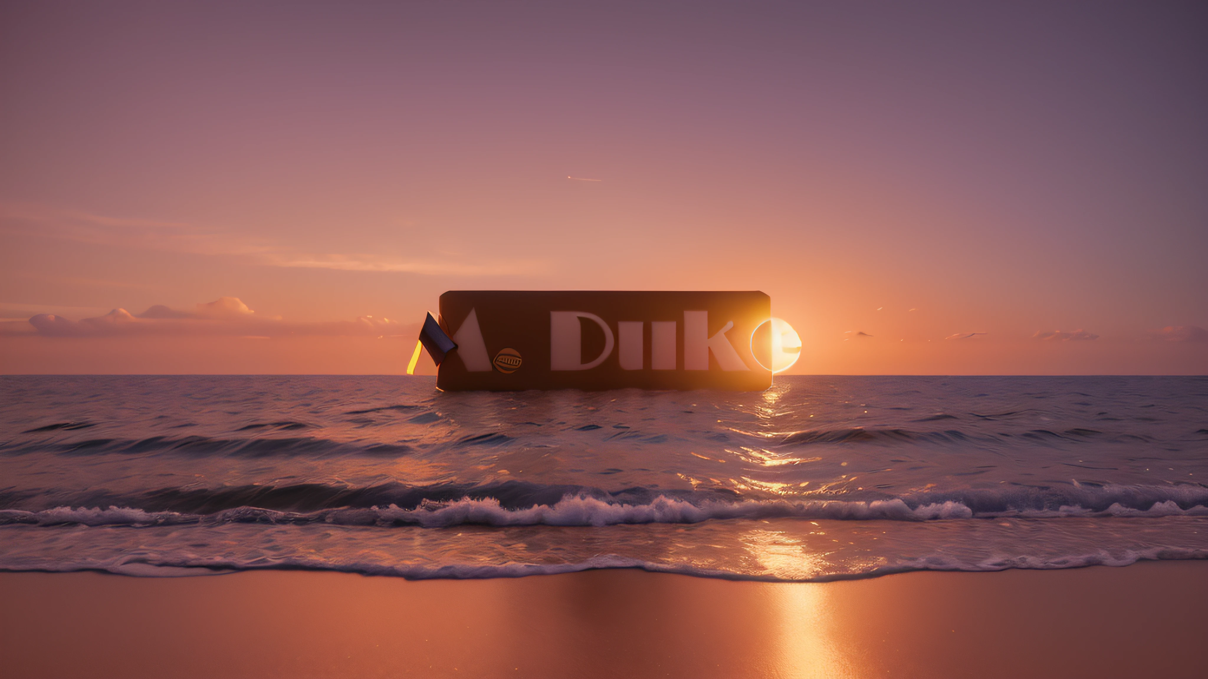Luxury logo with the title M. duque, 3D-rendering, 8k, NVIDIA, ray-traced, Bokeh, Fulgurar, luz e sombras realistas, nuvens noturnas, pegue a chave, Sinalizadores, obscuridade, blur, Sunset on a beach of bioluminescent waters,