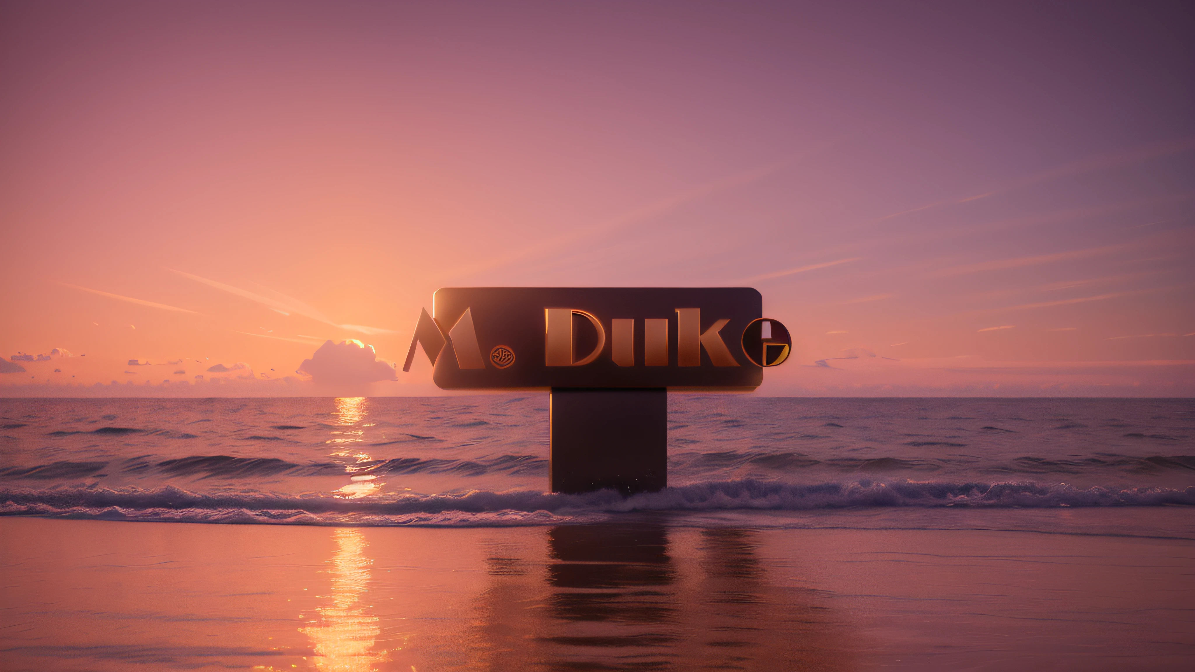 Luxury logo with the title M. duque, 3D-rendering, 8k, NVIDIA, ray-traced, Bokeh, Fulgurar, luz e sombras realistas, nuvens noturnas, pegue a chave, Sinalizadores, obscuridade, blur, Sunset on a beach of bioluminescent waters,