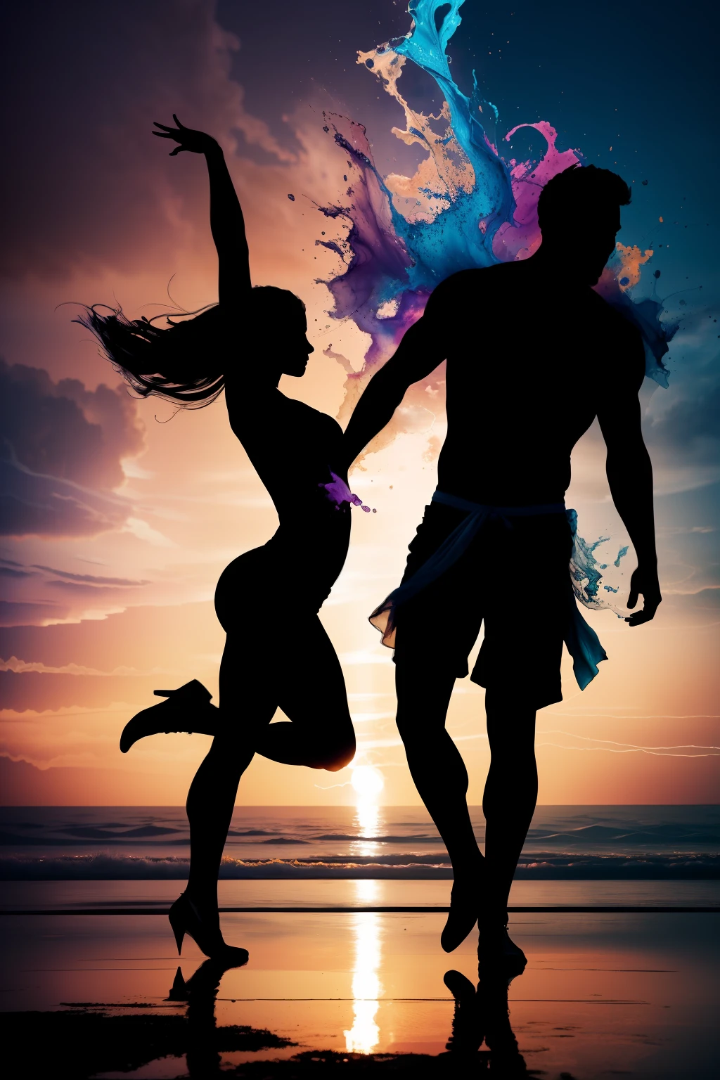2 dancing silhouettes at sunset,full body, anatomicallycorrect body, water ink,ink water,ink cloud,Alberto Seveso art,loose painting style, intricate detail, cinematic lightning,octane render, volumetric lighting, extremely detailed foreground, bright colours, 8k, ultra high definition, non blurred, textures, 3d, cinematic landscape
