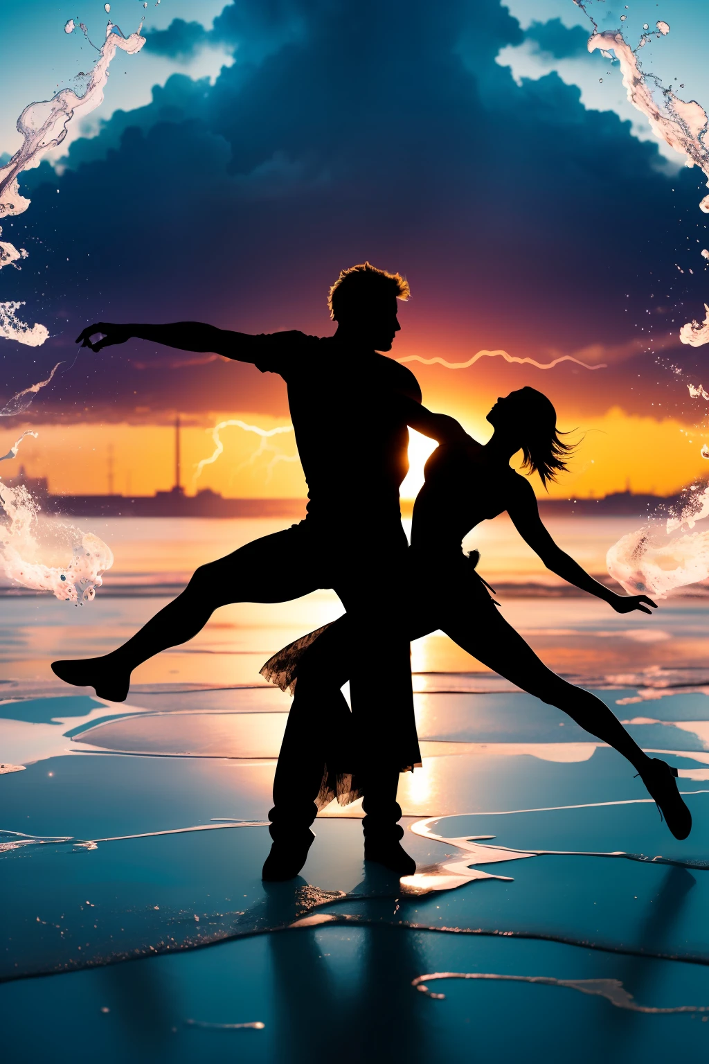 2 dancing silhouettes at sunset,full body, anatomicallycorrect body, water ink,ink water,ink cloud,Alberto Seveso art,loose painting style, intricate detail, cinematic lightning,octane render, volumetric lighting, extremely detailed foreground, bright colours, 8k, ultra high definition, non blurred, textures, 3d, cinematic landscape