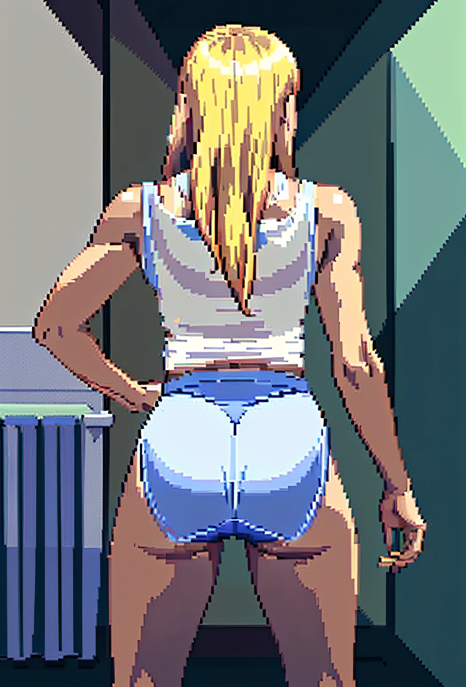 ((masterpiece, best quality)), ((Buff Blonde Norwegian woman in white tanktop and white full coverage panties)), (( looking completely forward)), back shot, large buttocks, backside emphasis, standing in bathroom, anime art style, intricate details, pixel art, pixel