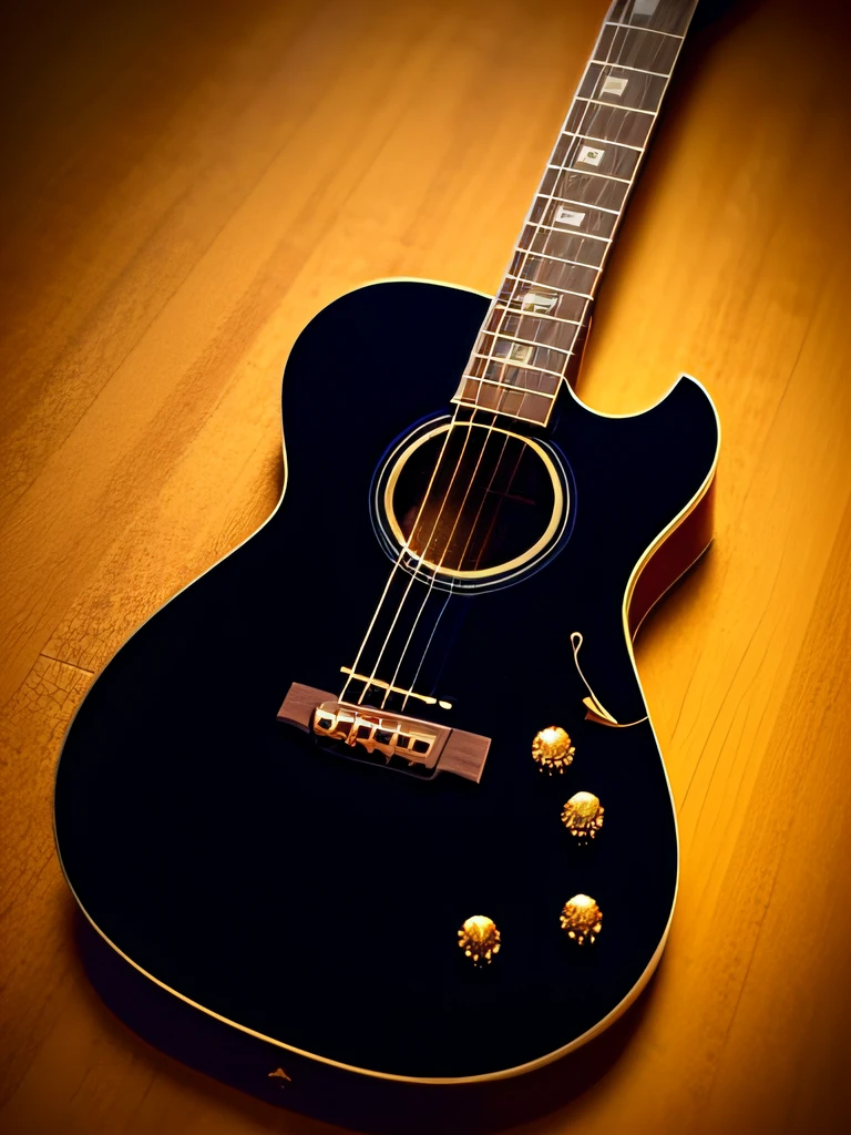 Cinematographic shot, a old guitar slightly scratched on the floor, marrom escuro, Focus on the guitar, sala escuro com apenas uma pequena luz de uma janela, algumas manchas de sangue pelos cantos, poeira, aesthetic, dark aesthetic, alta qualidade, bonito, full hd, (Realista: 1.2), melhor qualidade, detalhado, detalhes intricados, obra prima