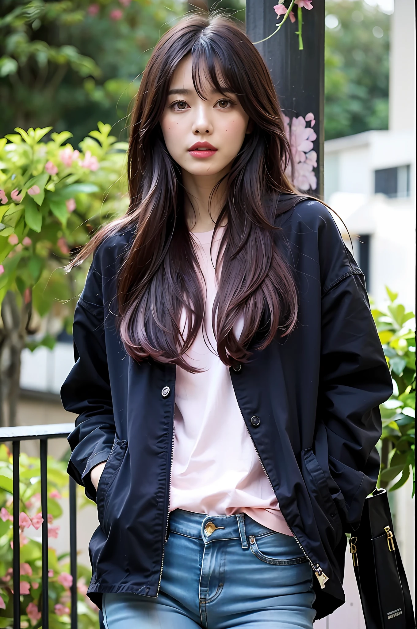 (highly detailed body, highly detailed face, best quality:1.2) ,A Woman, look at viewer, (Jeans), (Pink bougainvillea mess in background:1.4), korean woman, perfect eyes, red lips, beautiful woman, white skin