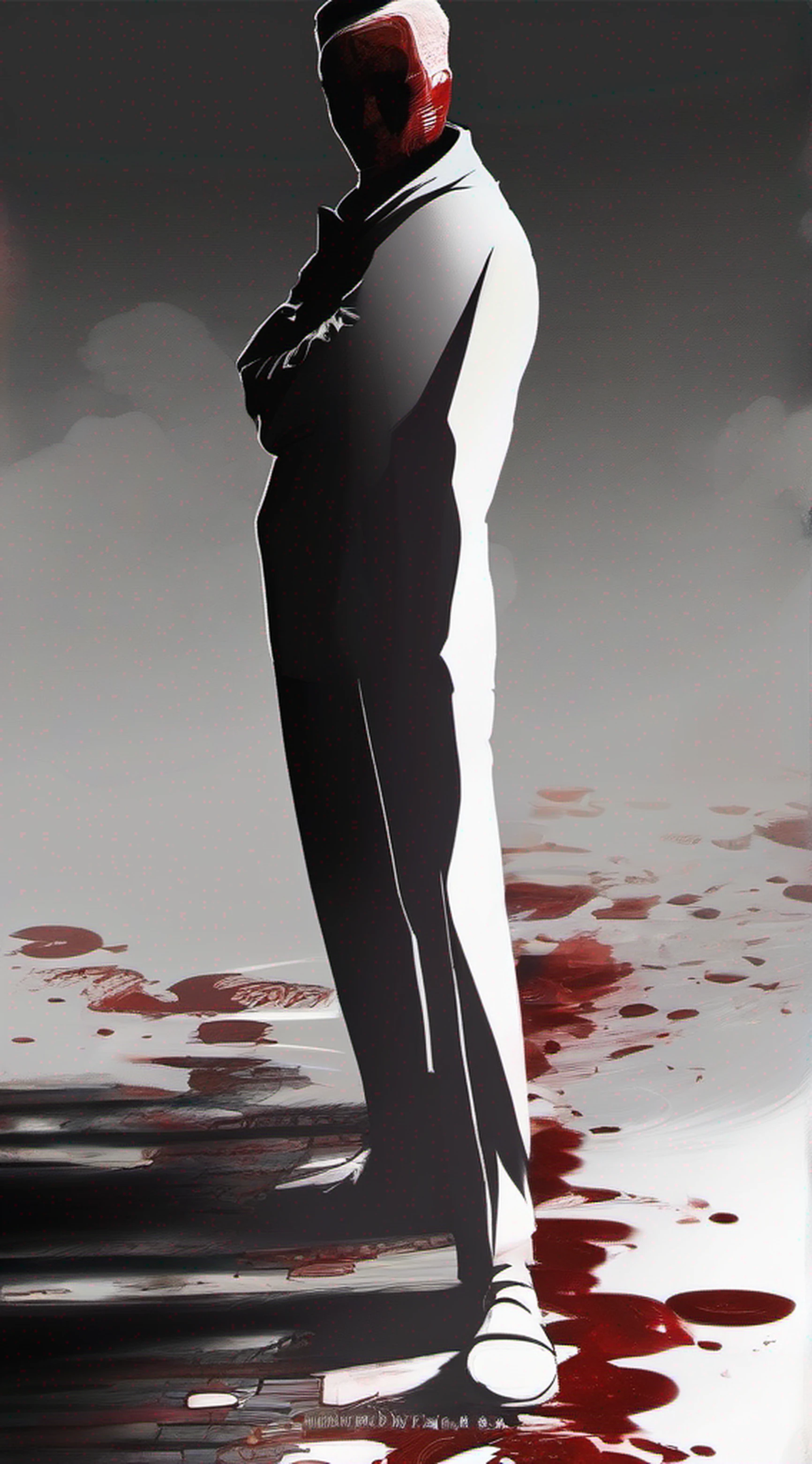 Estilo escuro,Sopro da Morte,Man standing in the dark,Sombras obscurecem o rosto,Olhos que emitem uma luz fria,Roupas manchadas de sangue