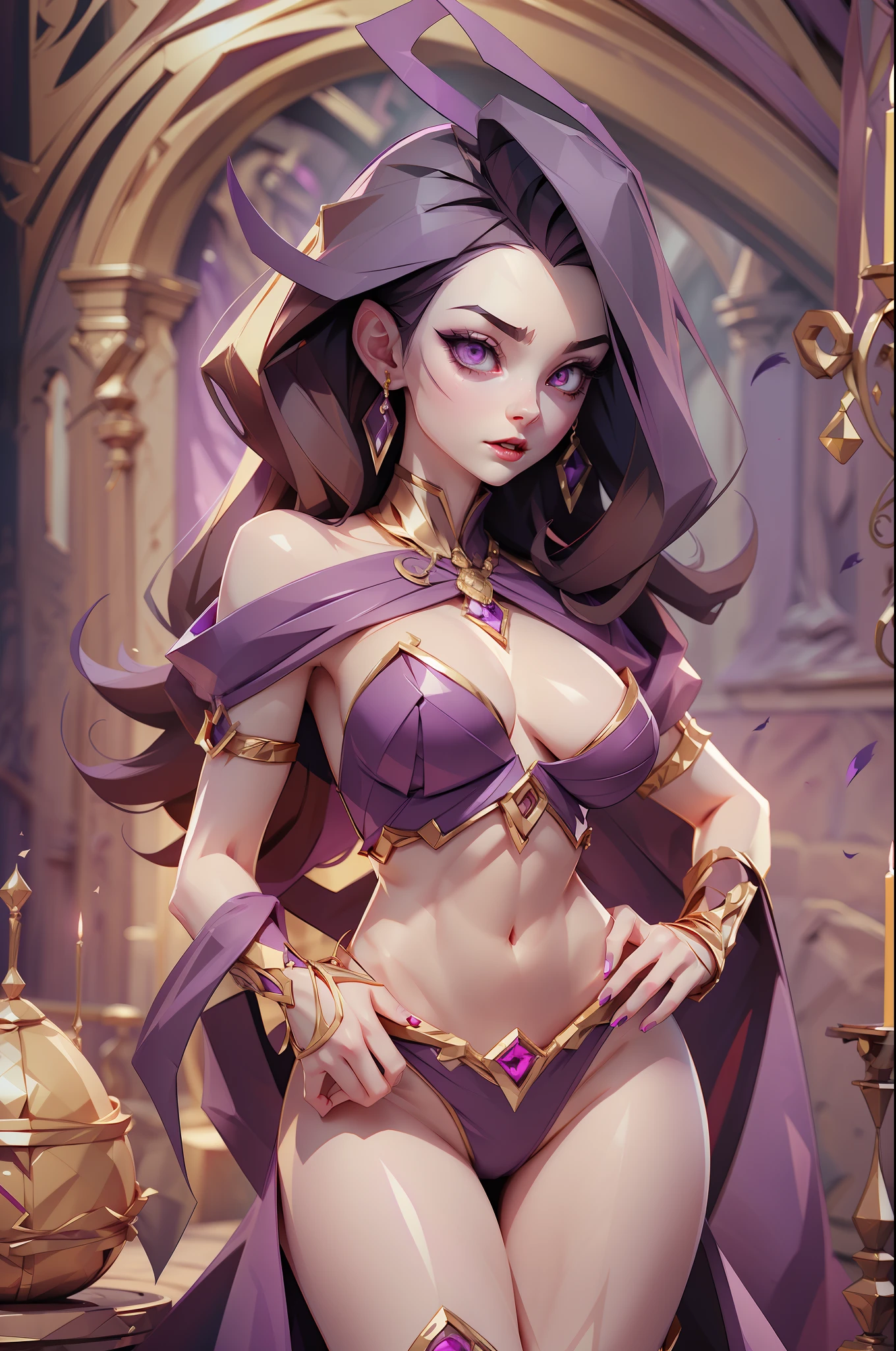 gorgeous vampire girl, very pale skin, glowing purple eyes, perfect abs, perfect small breasts, slim waist, voluptuous hips, fantasy, film grain, UHD, masterpiece, anatomically correct, super detail, best quality