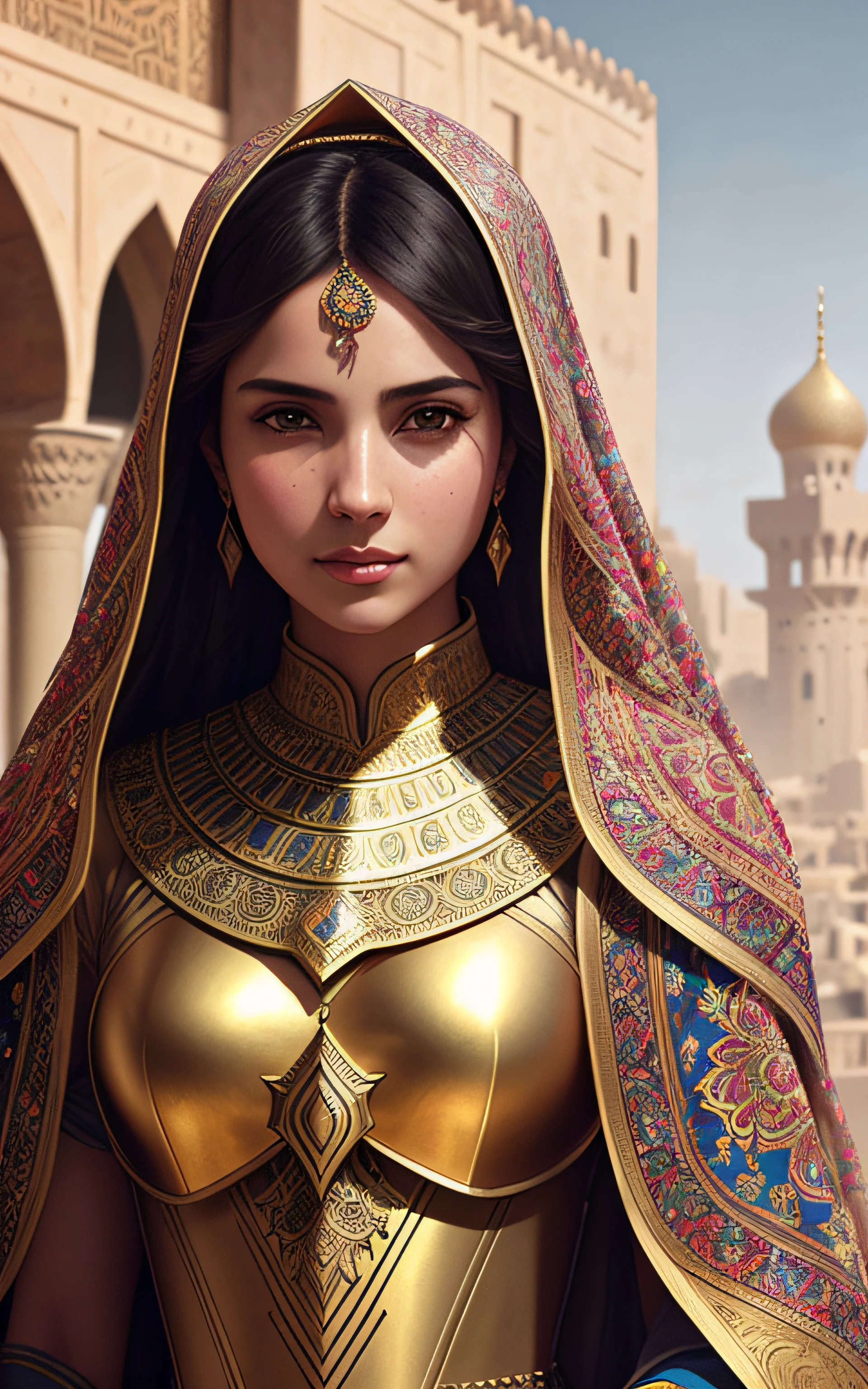 modelshoot style, (extremely detailed CG unity 8k wallpaper), full shot body photo of the most beautiful artwork in the world, (arabic princess) with armor, delicate silk clothes, arabian silk Hijab, magic, an arabic village with persian details in the background, hdr, photorealistic painting by Ed Blinkey, Atey Ghailan, Studio Ghibli, by Jeremy Mann, Greg Manchess, Antonio Moro, trending on ArtStation, trending on CGSociety, Intricate, High Detail, Sharp focus, dramatic, photorealistic painting art by midjourney and greg rutkowski