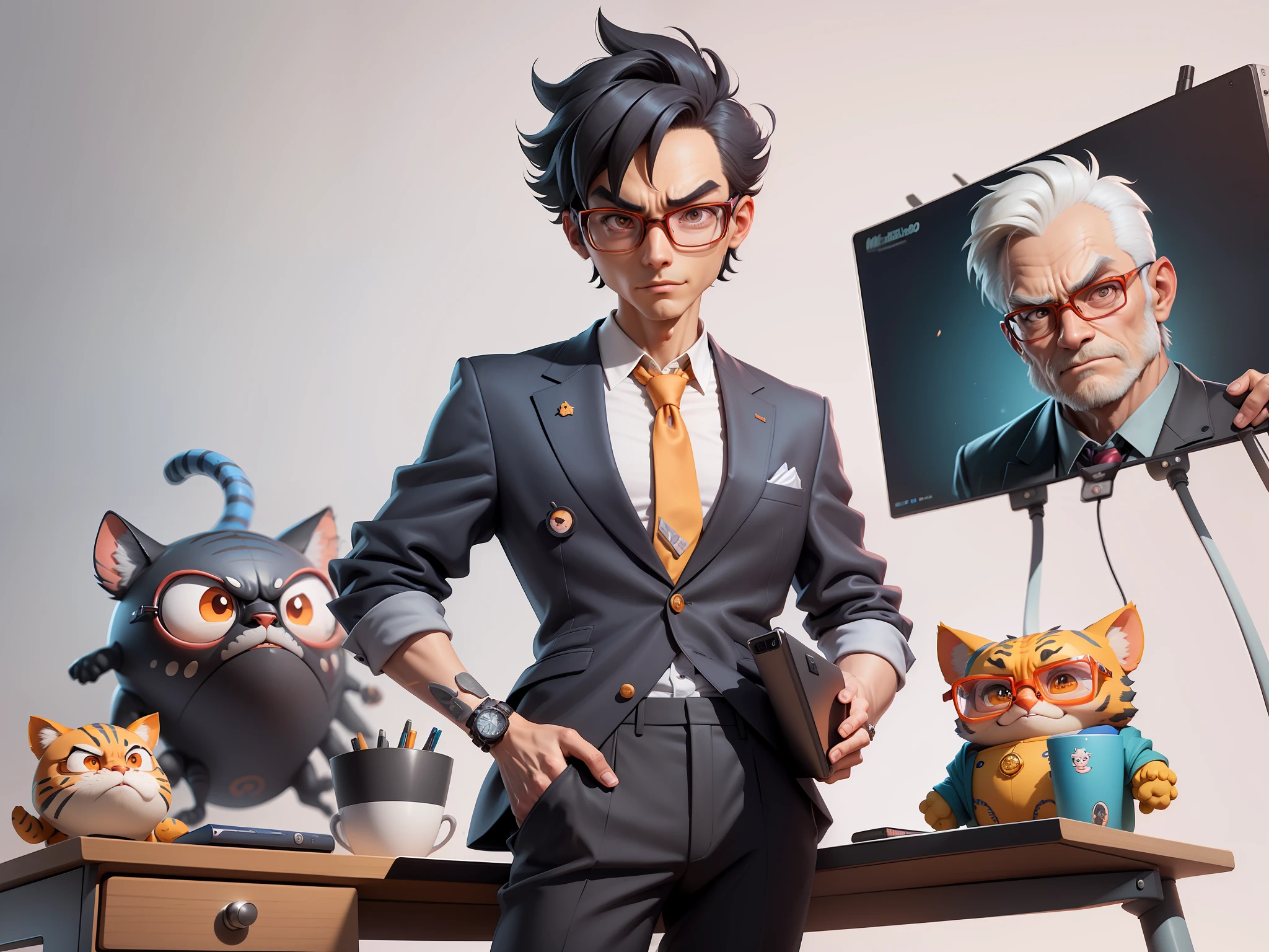 A young man in a suit and pants, Short hair and glasses sat at his desk,holding laptop,digitial painting,tigre,3D character design by Mark Clairen and Pixar and Hayao Miyazaki and Akira Toriyama,4K HD illustration,Very detailed facial features and cartoon-style visuals。