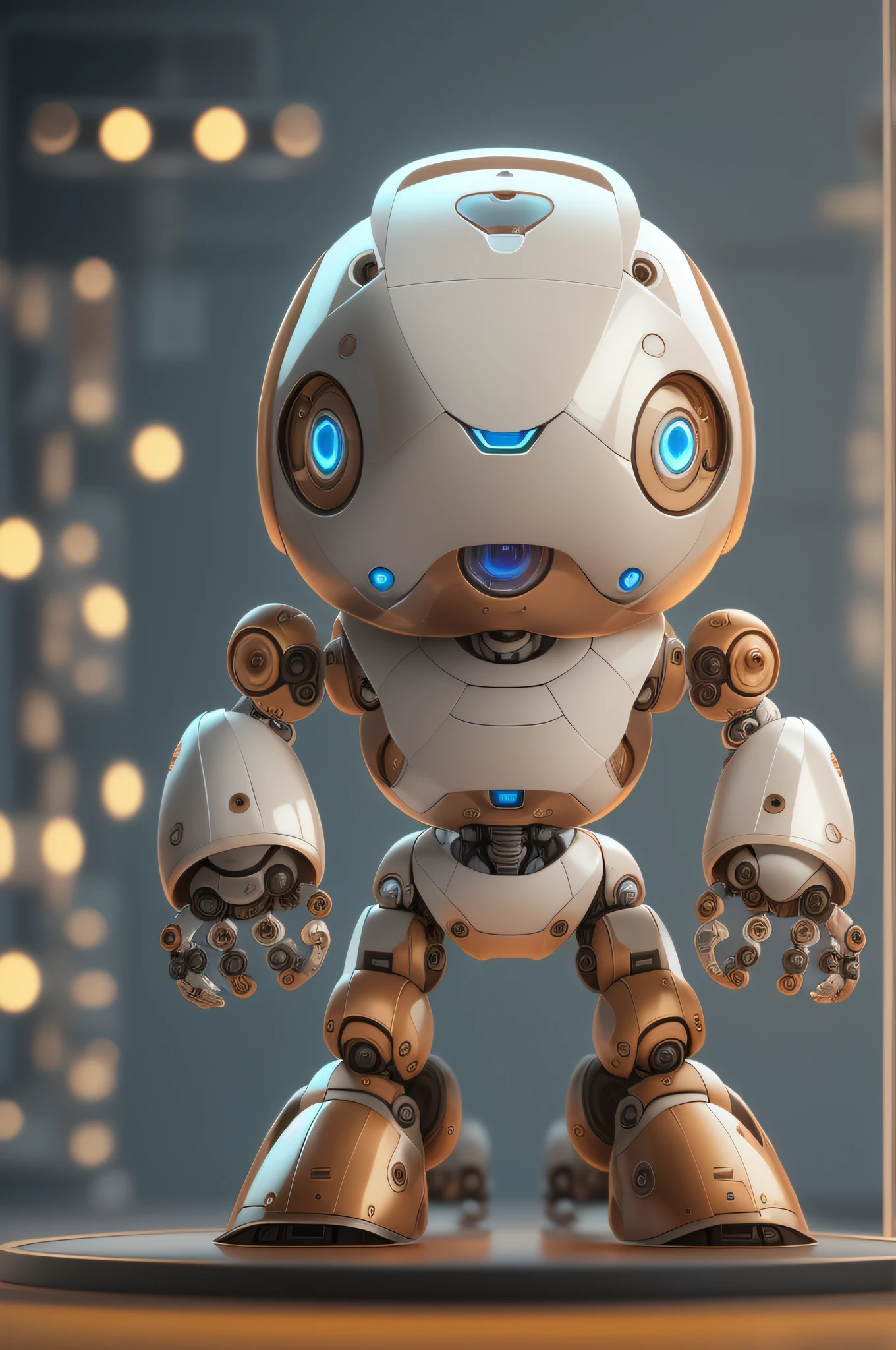 (masterpiece), best quality, cute and adorable 3D render toy art (((1white and brown robot with big eyes, computer graphics by Fred A. Precht))) on a round metallic stage, full body in corner pose, corner view, glowing lights, beautiful bodywork, with sleek lines and a glossy finish like in GTA games, dazzling composition, symmetry, vivid colors, cgsociety, les automatistes, future tech, unreal engine 5, 3D hi-tec lab in background, in cartoon style, 3D animation style, sharp focus, natural and volumetric lighting, global illumination,Vray Tracing, ultra realistic, uhd, dslr, 8k