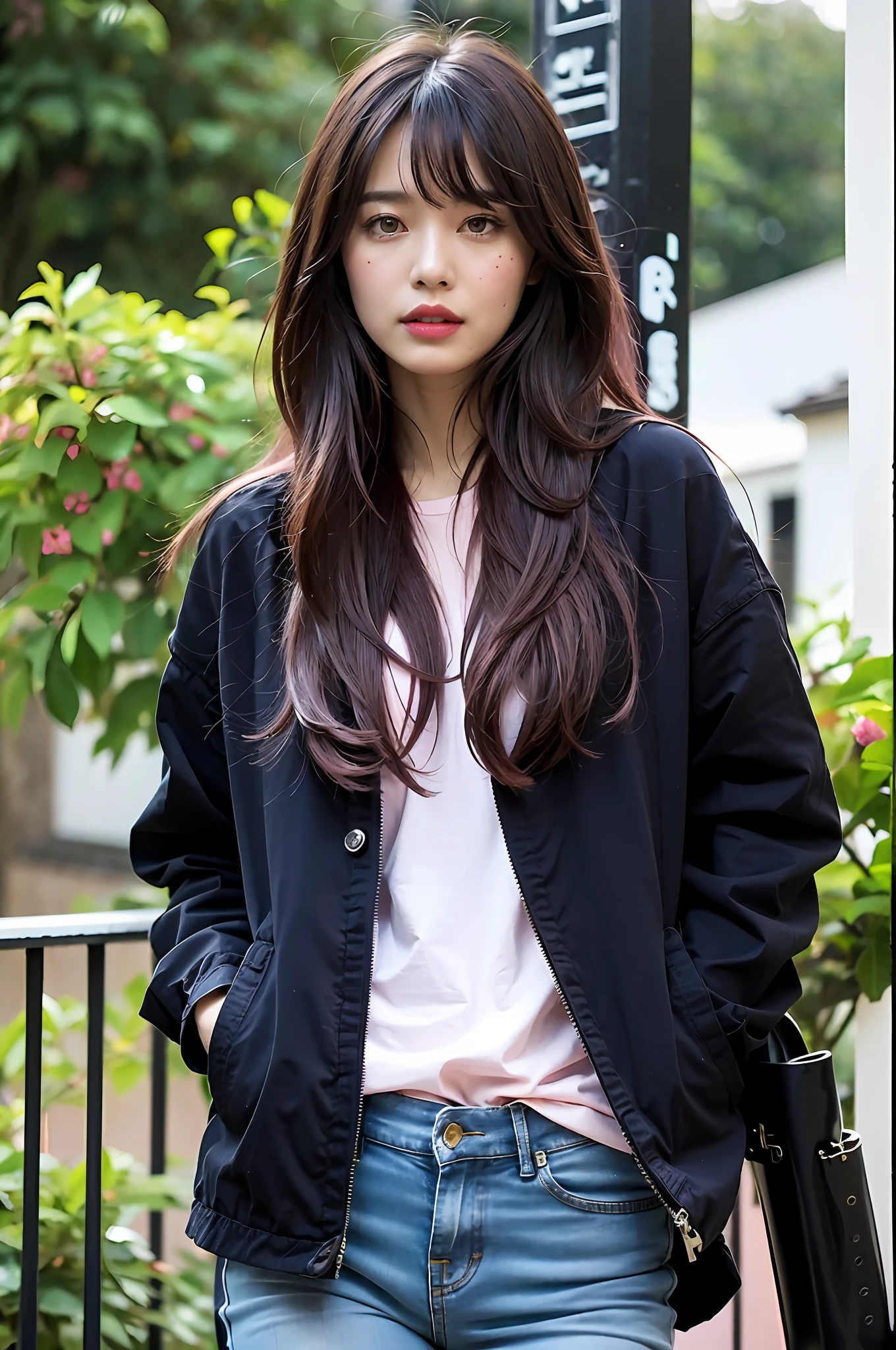 (highly detailed body, highly detailed face, best quality:1.2) ,A Woman, look at viewer, (Jeans), (Pink bougainvillea mess in background:1.4), korean woman, perfect eyes, red lips, beautiful woman, white skin