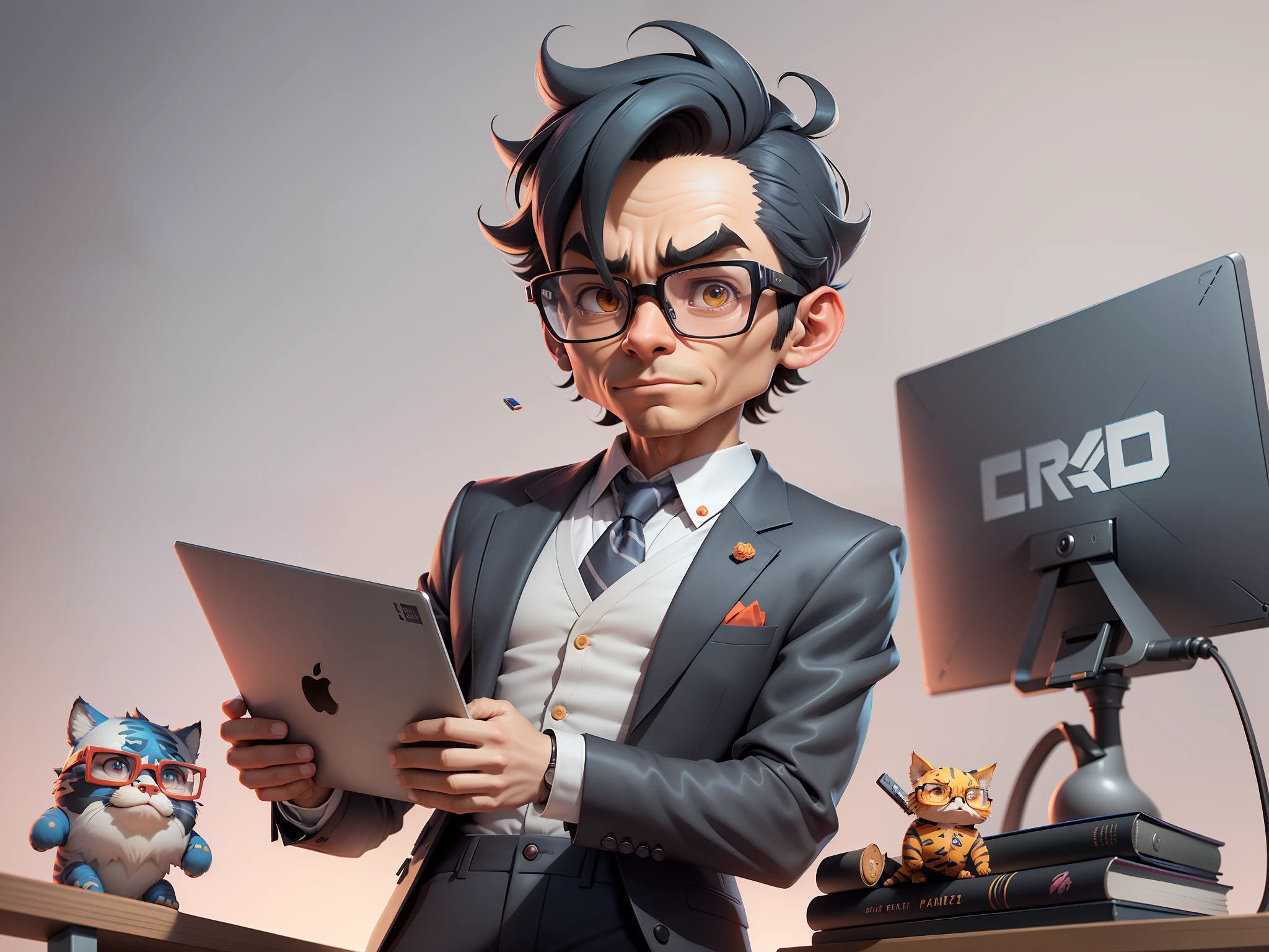 A young man in a suit and pants, Short hair and glasses sat at his desk,holding laptop,digitial painting,tigre,3D character design by Mark Clairen and Pixar and Hayao Miyazaki and Akira Toriyama,4K HD illustration,Very detailed facial features and cartoon-style visuals。