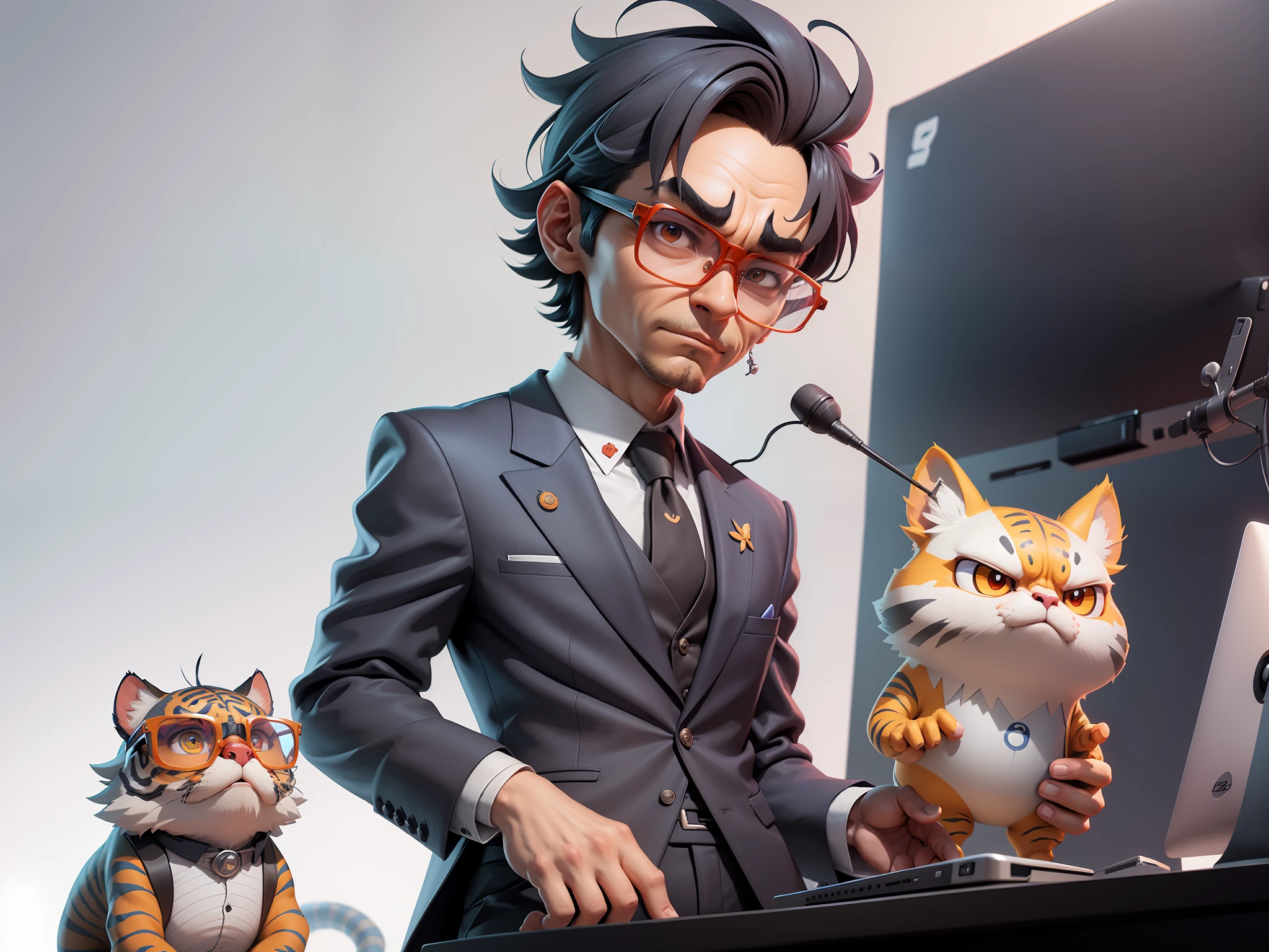 A young man in a suit and pants, Short hair and glasses sat at his desk,holding laptop,digitial painting,tigre,3D character design by Mark Clairen and Pixar and Hayao Miyazaki and Akira Toriyama,4K HD illustration,Very detailed facial features and cartoon-style visuals。
