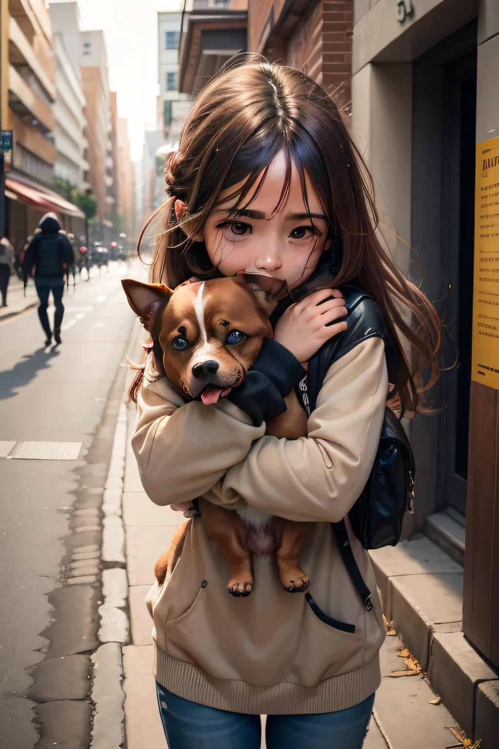 a street girl hugging a brown-furred dog