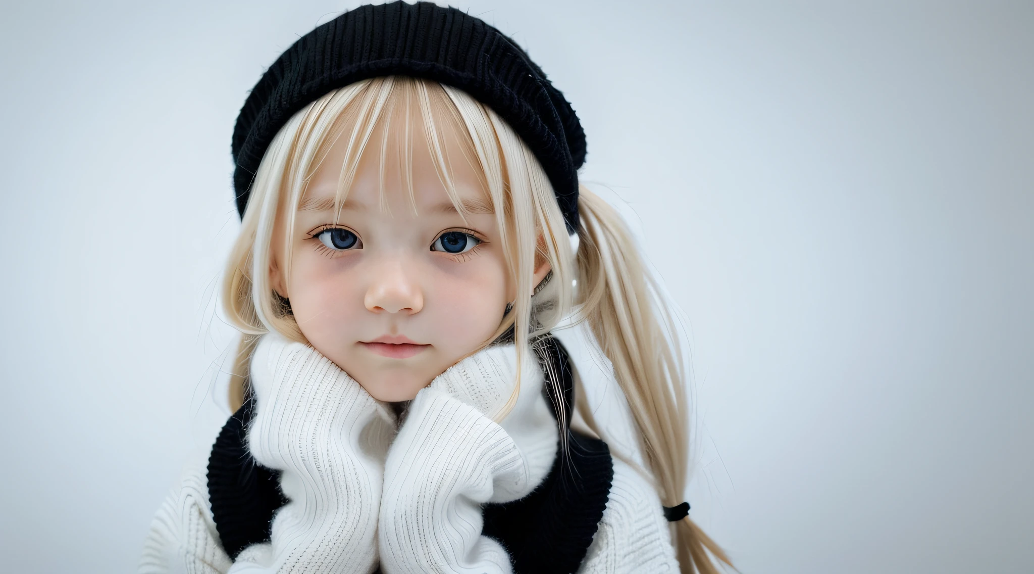 GIRL BLONDE CHILD with long hair wearing a white sweater and black ear warmers, sleepy, wearing cute black scarf, sick with a cold, cold, ****, a cold, cute bangs, with cute white skin, ears, sleepy face fashion model, sad, twintails white_gloves, cute skin, teen, freezing cold nights, cold winter, black ears