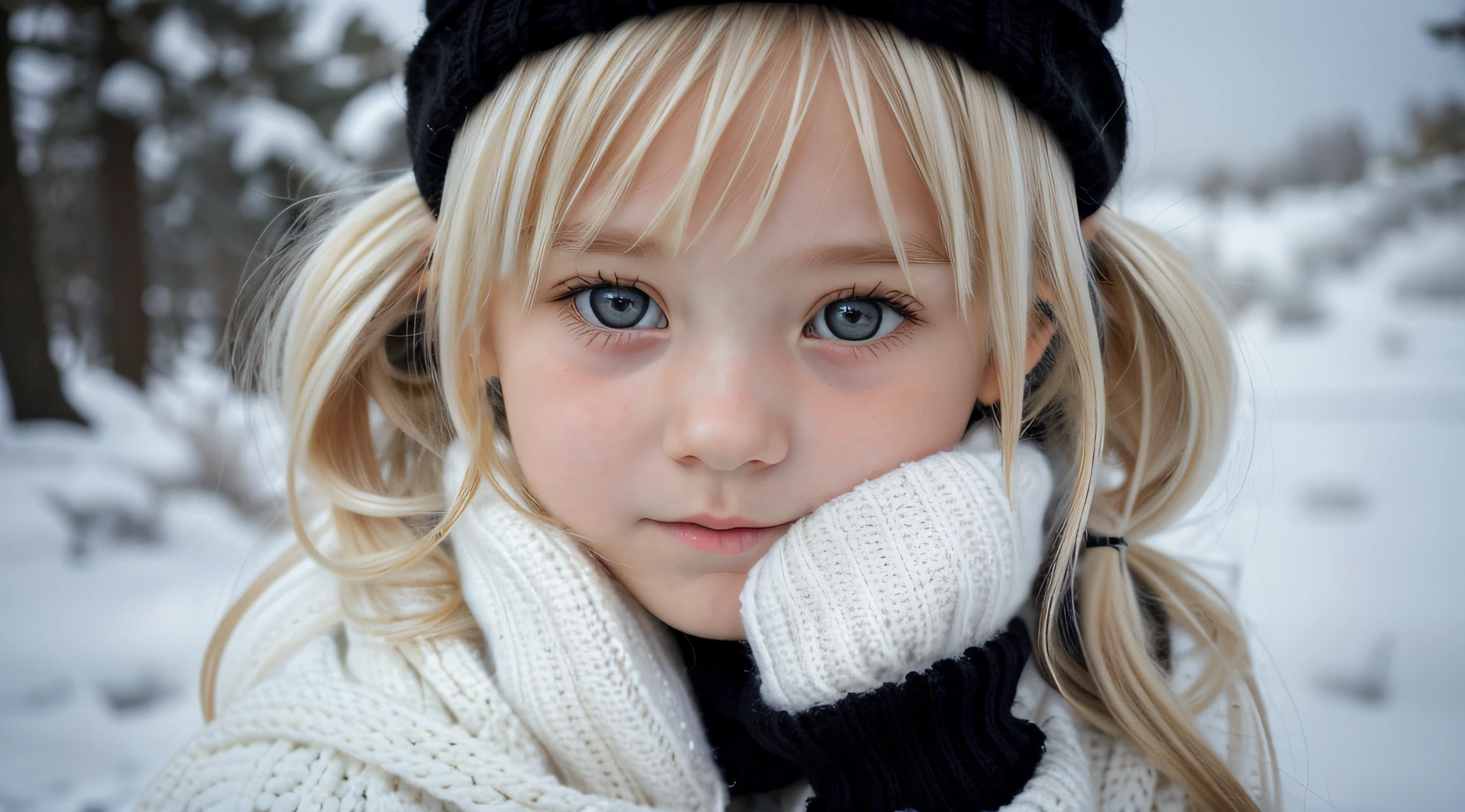 GIRL BLONDE CHILD with long hair wearing a white sweater and black ear warmers, sleepy, wearing cute black scarf, sick with a cold, cold, li, a cold, cute bangs, with cute white skin, ears, sleepy face fashion model, sad, twintails white_gloves, cute skin, teen, freezing cold nights, cold winter, black ears