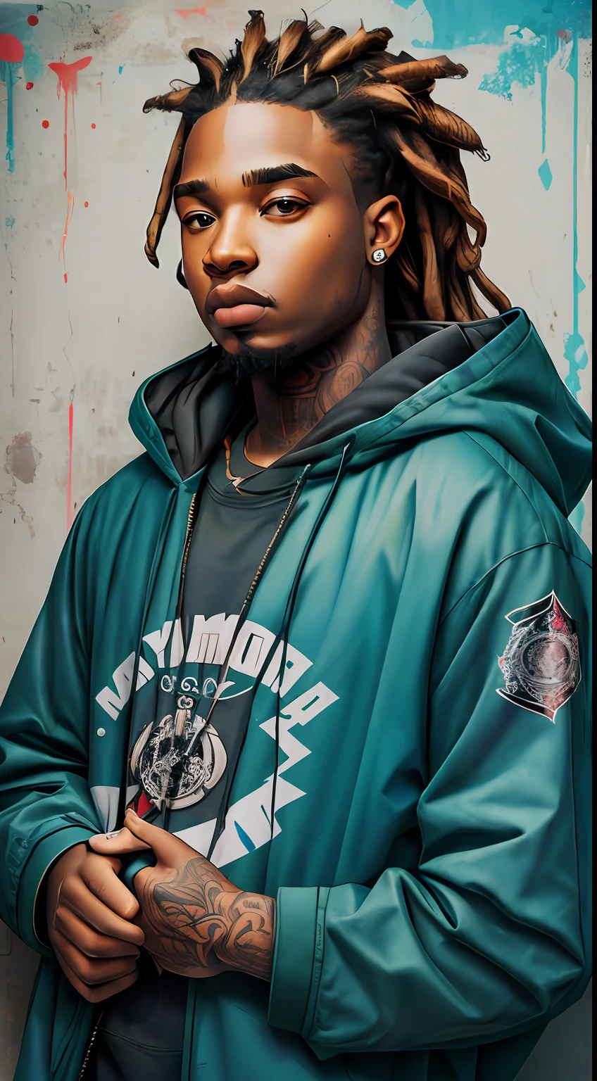 ankymoore, 1rapper with dread hair with tattoos, techwear clothes, graffitti background, (masterpiece), (best quality:1.2), absurdres, intricate details, upper body