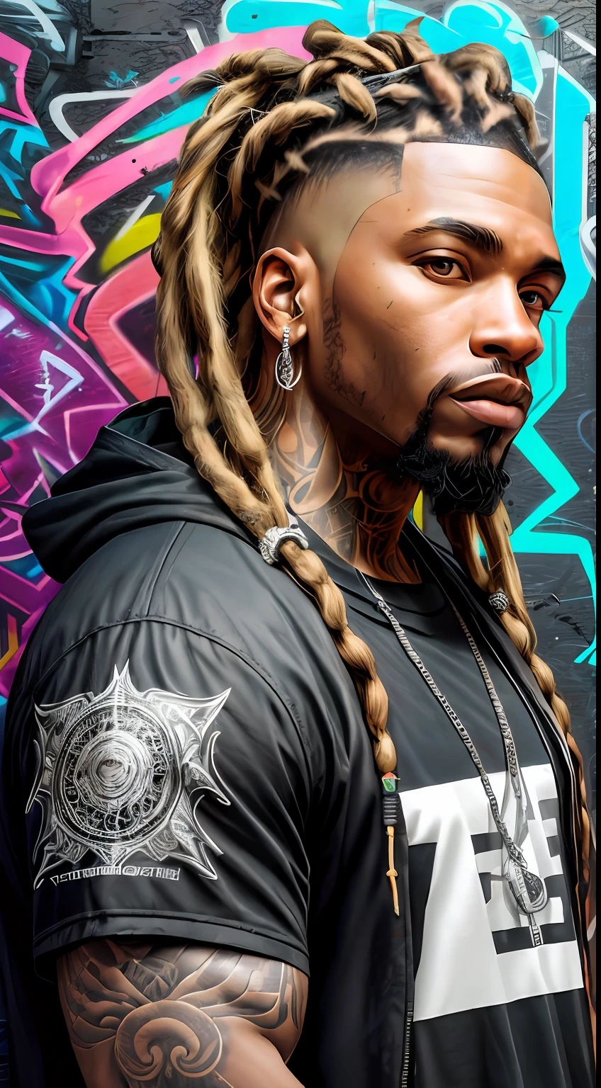ankymoore, 1rapper with dread hair with tattoos, techwear clothes, graffitti background, (masterpiece), (best quality:1.2), absurdres, intricate details, upper body