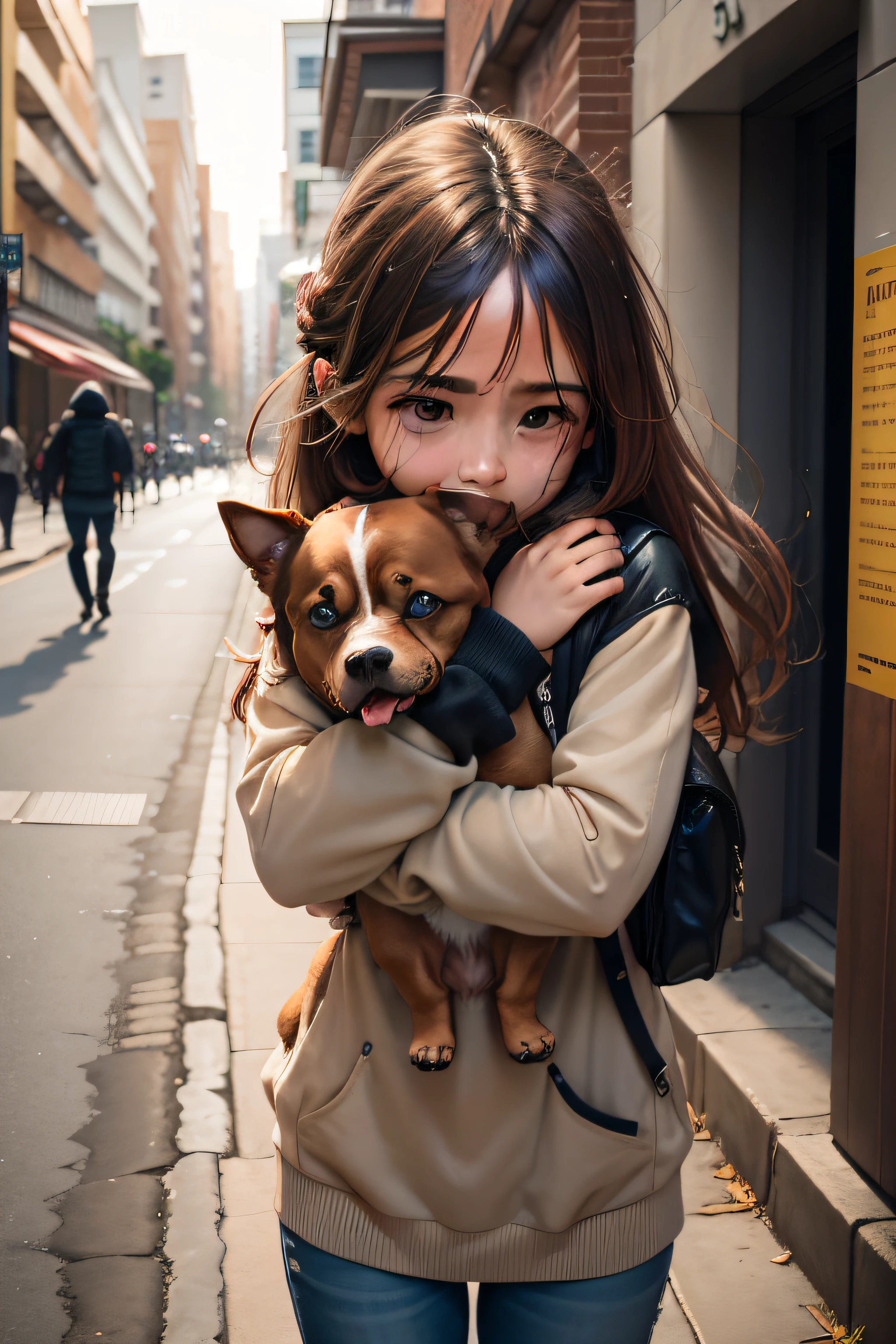 a little street girl hugging a brown-furred dog