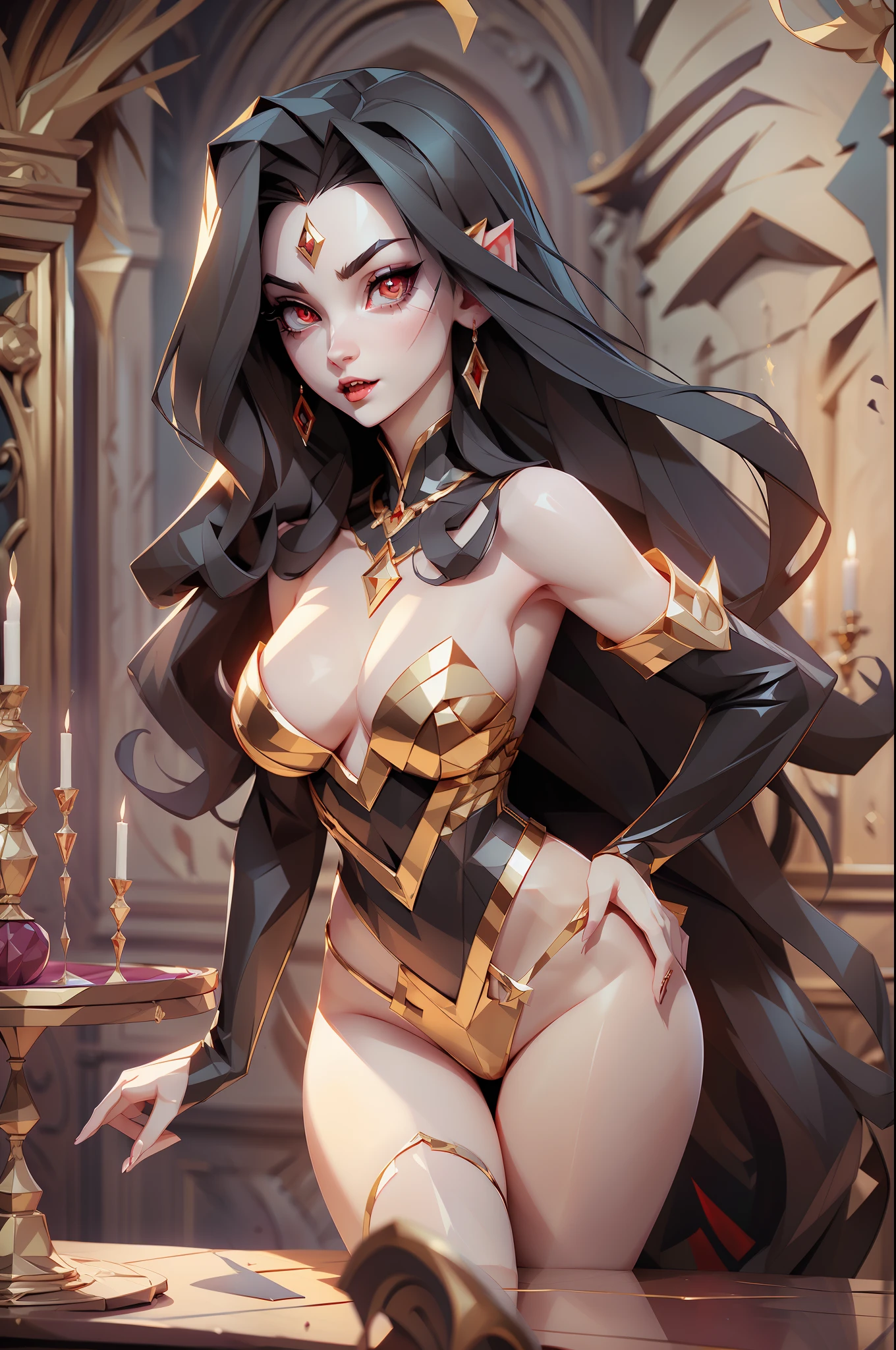 gorgeous vampire girl, very pale skin, very sparkling glowing eyes, evil look, black long hair, perfect small breasts, slim waist, voluptuous hips, fantasy, film grain, UHD, masterpiece, anatomically correct, super detail, best quality