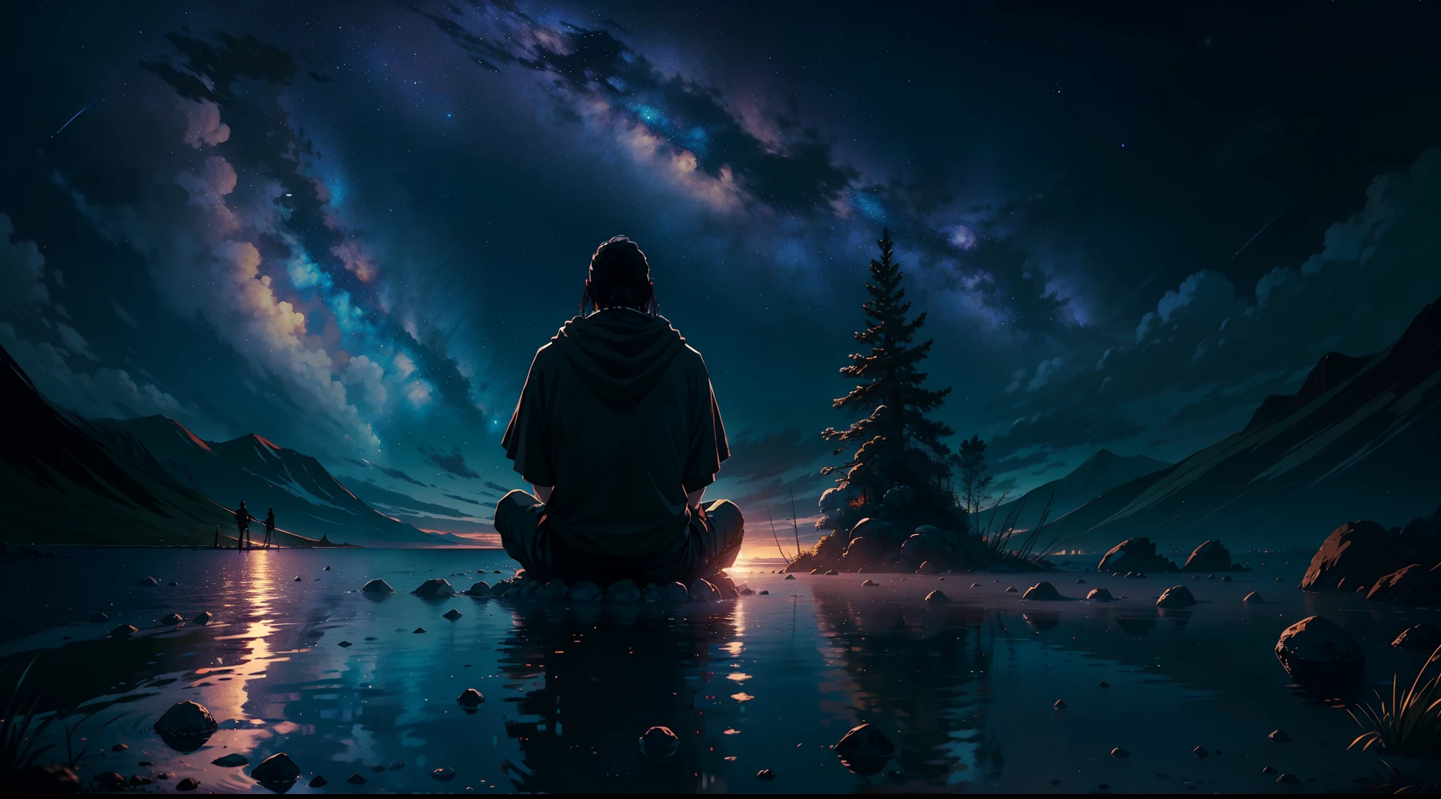 A scene capturing Ragnar's deep contemplation and reflection beneath a star-filled sky, symbolizing the pursuit of wisdom and the vastness of the universe.