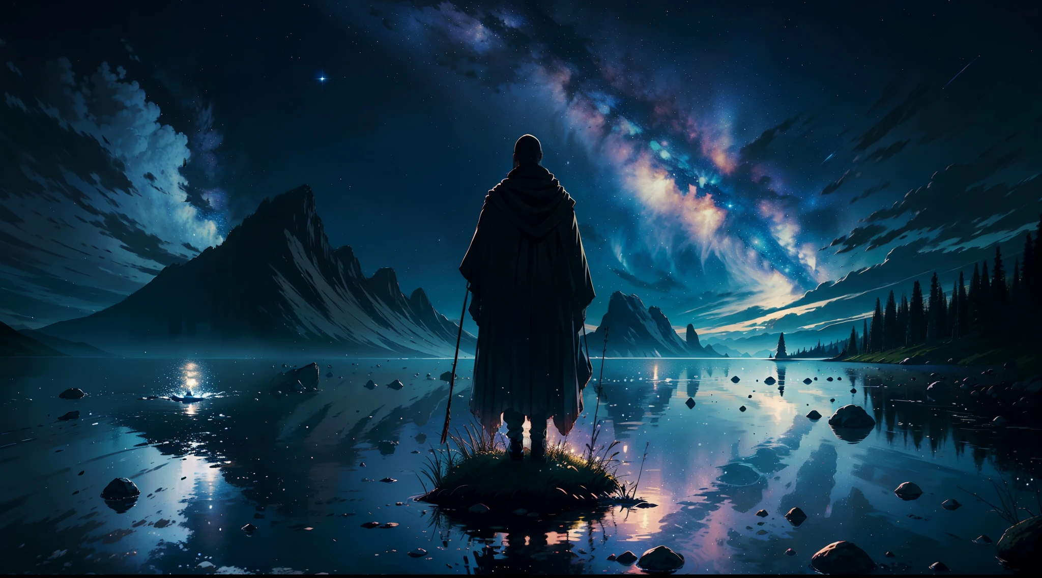 A scene capturing Ragnar's deep contemplation and reflection beneath a star-filled sky, symbolizing the pursuit of wisdom and the vastness of the universe.