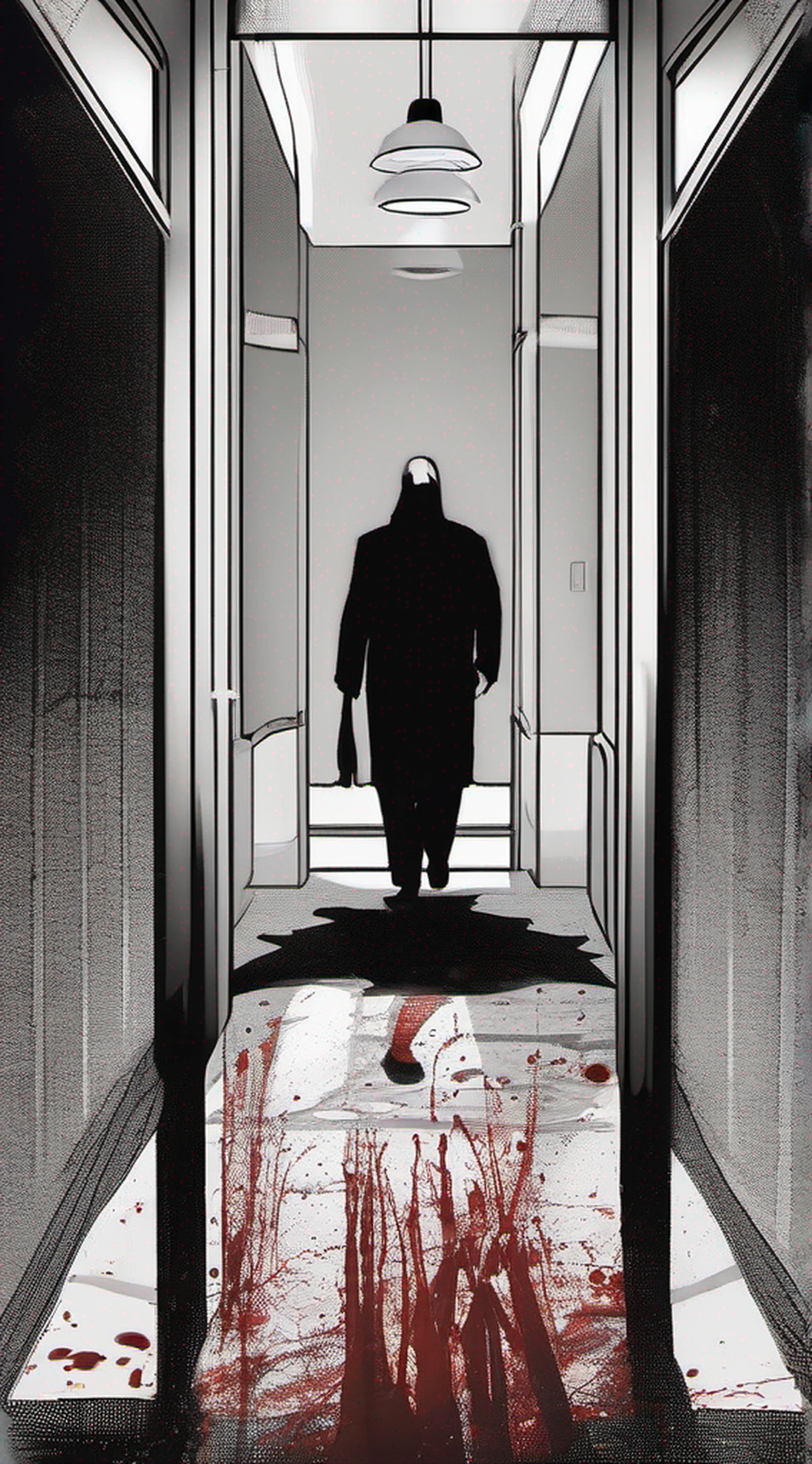 Estilo escuro,Sopro da Morte,Man standing in the dark,Sombras obscurecem o rosto,Olhos que emitem uma luz fria,Roupas manchadas de sangue