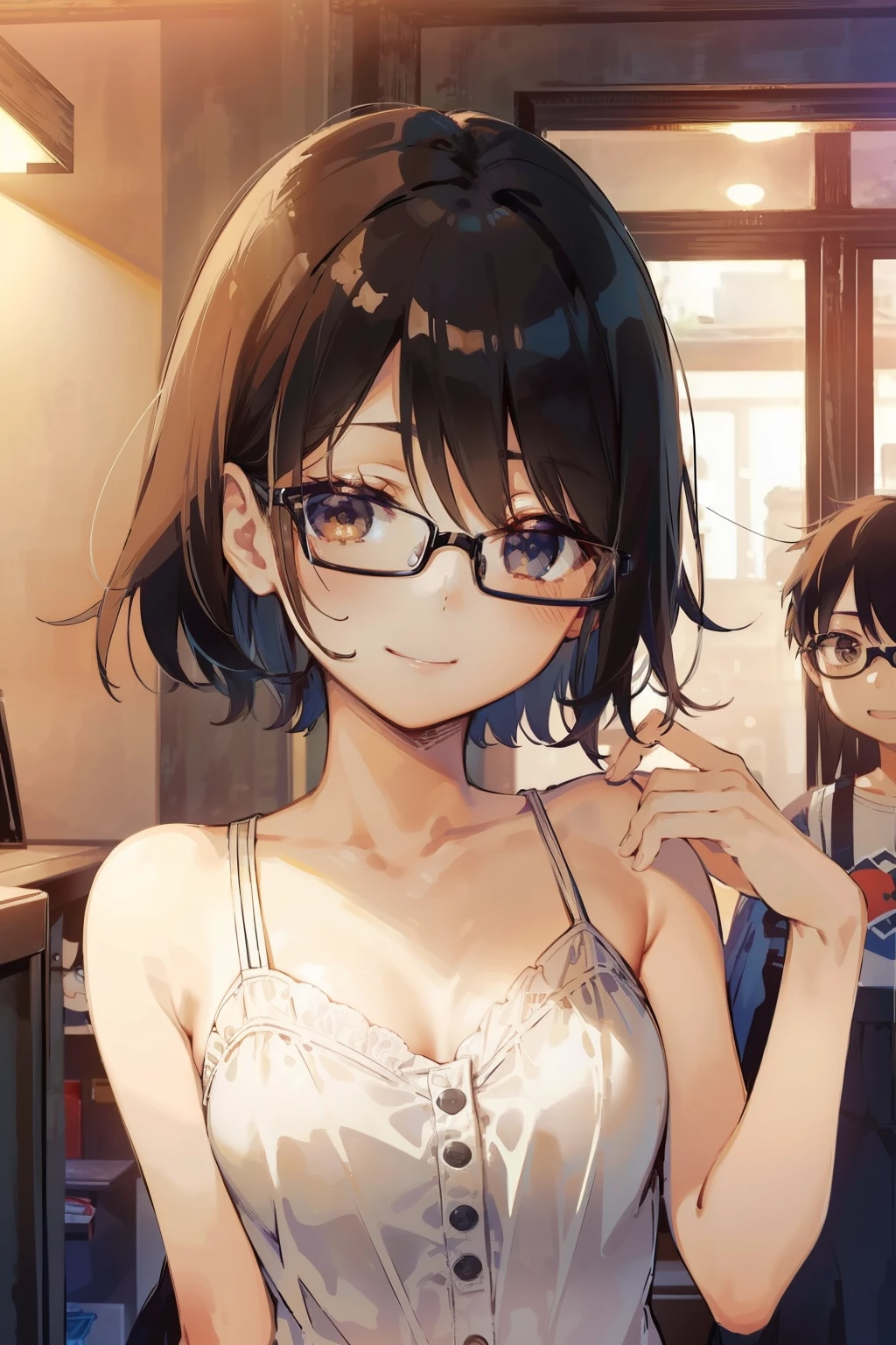 (girl with、Child's body shape、A dark-haired、short-hair、straight haired、hair adornments、Light brown eyes、A smile、wearing black glasses、small tits、cute  face)、​masterpiece、top-quality、a bed、undergarment