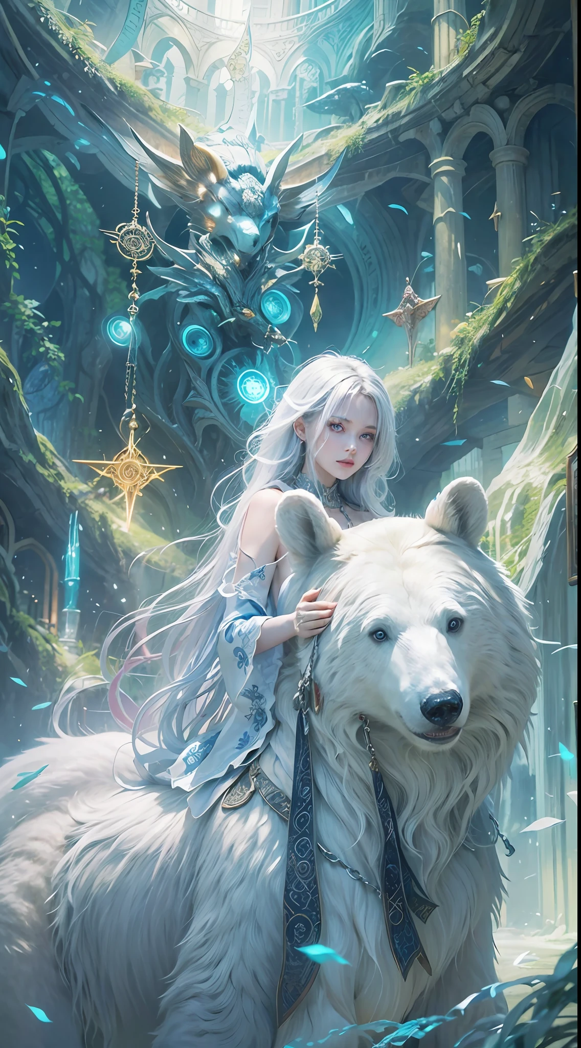 A crystal castle sealed in a magic book,Blood,Night, Dark, (fantasy),unlimited,Deep blue sky,The abyss of knowledge,cowl,((masutepiece)), (((Best quality))),((Beautiful fine eyes)),(eyeslashes)、(((Beautiful girl riding a huge white bear)))、(1 rapariga)、The perfect human structure、Blowing in the wind、long whitr hair、abyss eyes、glowy skin、oiled、small tits、Wizard robes、Tattered fabric、Realistic coat、Think、Super delicate CG Unity 32k wallpaper、tmasterpiece, ((ultra - detailed)), ((illustratio)),Extremely colorful,the wallpaper,energy,Unknown terror,mind bending,Around the magic,Magical environment,wands,Boken,Flight page,Know it all,Predicting the future、Learn about the past、Infinite wisdom、Blue Flame、Warlock、Magic Circles、pentacle、Spells、mantra、Singing magic