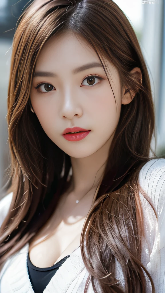 ((Realistic lighting, top quality, 8K, Masterpiece: 1.3)), Clear Focus: 1.2, 1 girl, Perfect Body Beauty: 1.4, Slim Abs: 1.1, ((Dark Brown Hair, Big: 1.3)), (Acceleration: 1.4), (Outdoor, Night: 1.1), Street, Slender Face, Narrow Eyes, Double Eyelids, Exposed Cleavage, Incredibly Ridiculous, Messy Hair, floating hair, long sleeve t-shirt, fashion model pose,