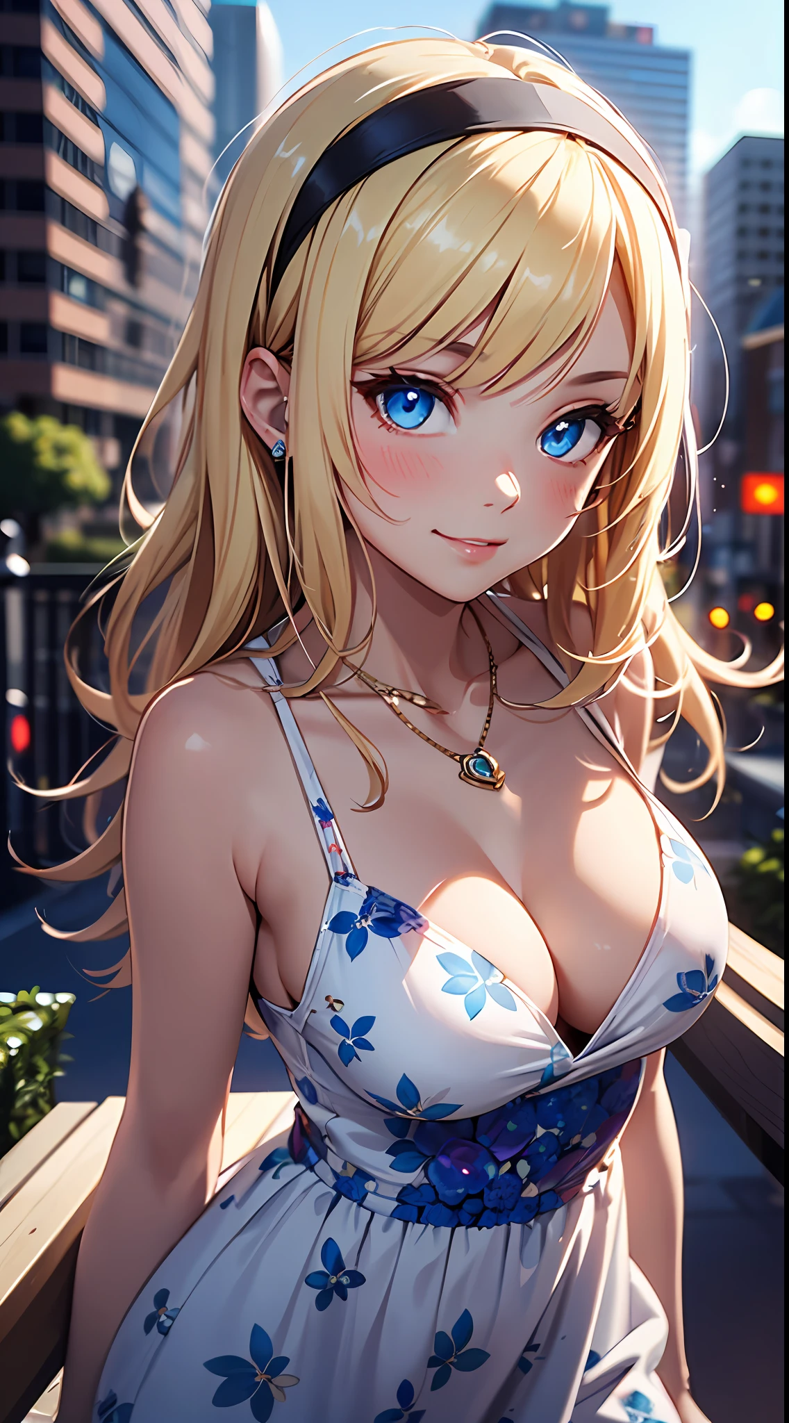 ((masterpiece, best quality;1.3)), ultra detailed, 8k unity wallpapers, CG, ray tracing, illustration, colorful, cinematic shadow, extremely detailed and beautiful background,vhd, shadering VRay,RT, 1girl, smile, teenage, petite, loli, blush, solo, blue eyes, (blush), (blonde hair), (medium hair), (large breasts), slim waist, white glowing skin, highly detailed beautiful face, beautiful face, beautiful eyes, (talented Lo-Fi:1.3), naked, sexy, lewd, (skindentation), detailed printed sundress, necklace, hairband, afternoon walk, city garden, close-up, glowing, glowing light, ultra detailed, scenic, atmospheric