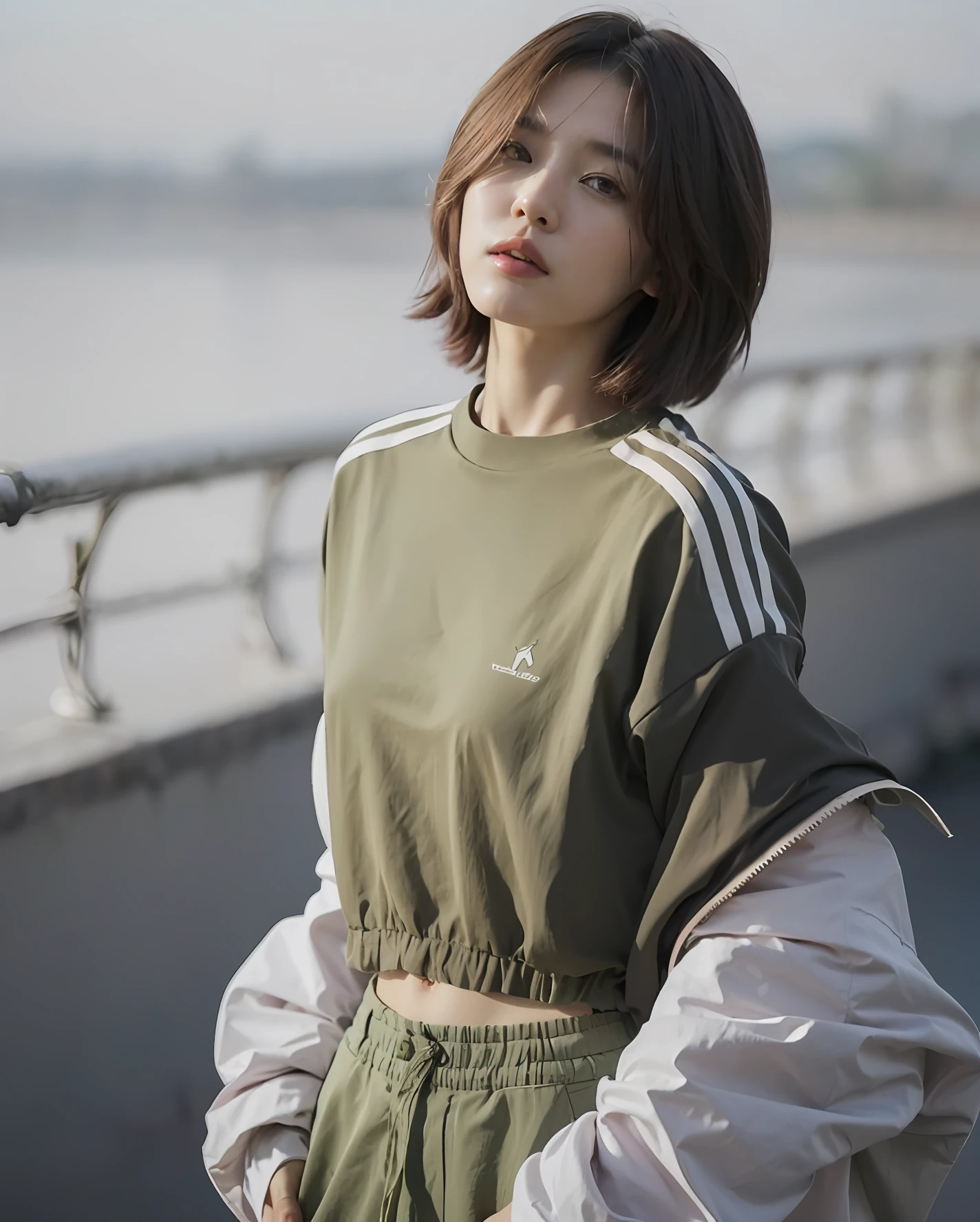 (highly detailed body, highly detailed face, best quality:1.2) ,A Woman, look at viewer, (Jeans), (Pink bougainvillea mess in background:1.4), korean woman, perfect eyes, red lips, beautiful woman, white skin, short hair, brown hair