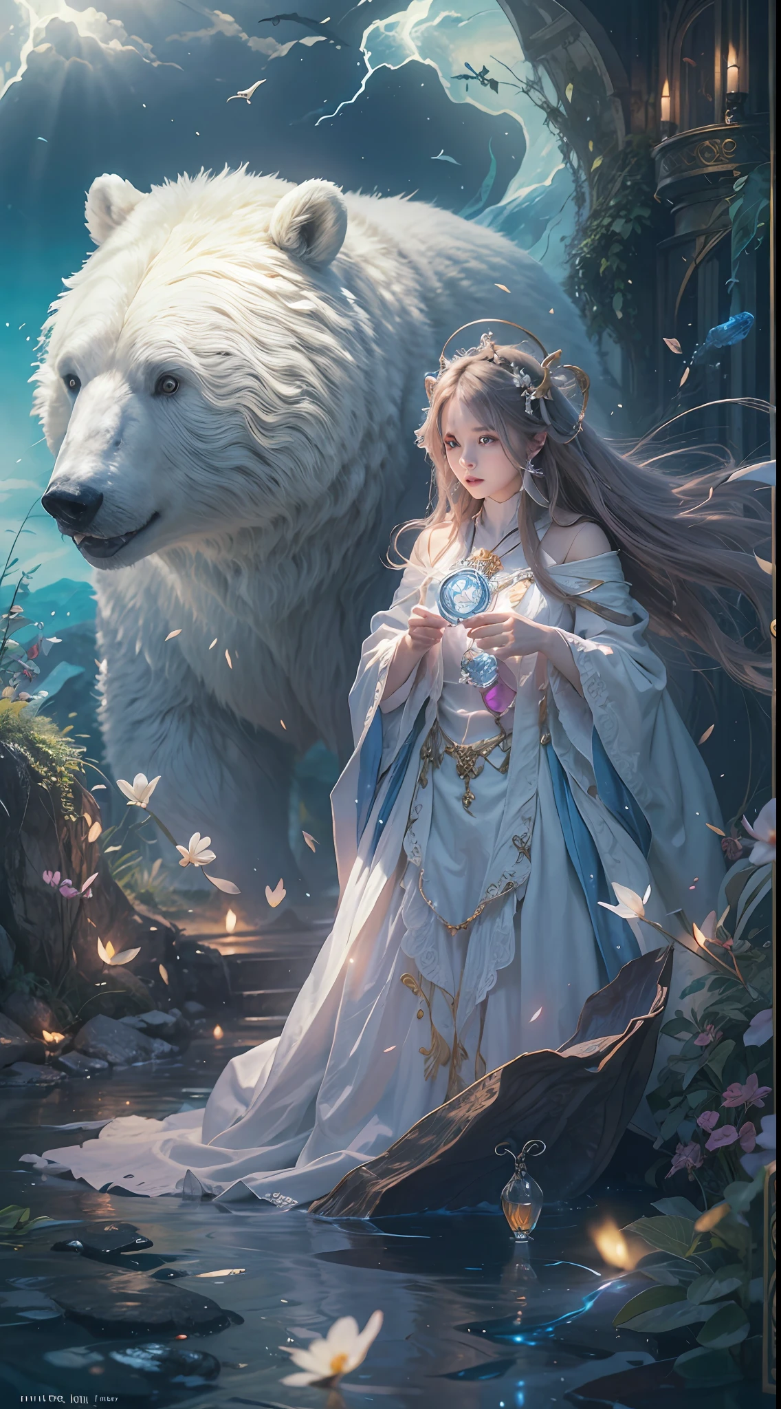 A crystal castle sealed in a magic book,Blood,Night, Dark, (fantasy),unlimited,Deep blue sky,The abyss of knowledge,cowl,((masutepiece)), (((Best quality))),((Beautiful fine eyes)),(eyeslashes)、(((Beautiful girl riding a huge white bear)))、(1 rapariga)、The perfect human structure、Blowing in the wind、long whitr hair、abyss eyes、glowy skin、oiled、small tits、Wizard robes、Tattered fabric、Realistic coat、Think、Super delicate CG Unity 32k wallpaper、tmasterpiece, ((ultra - detailed)), ((illustratio)),Extremely colorful,the wallpaper,energy,Unknown terror,mind bending,Around the magic,Magical environment,wands,Boken,Flight page,Know it all,Predicting the future、Learn about the past、Infinite wisdom、Blue Flame、Warlock、Magic Circles、pentacle、Spells、mantra、Singing magic