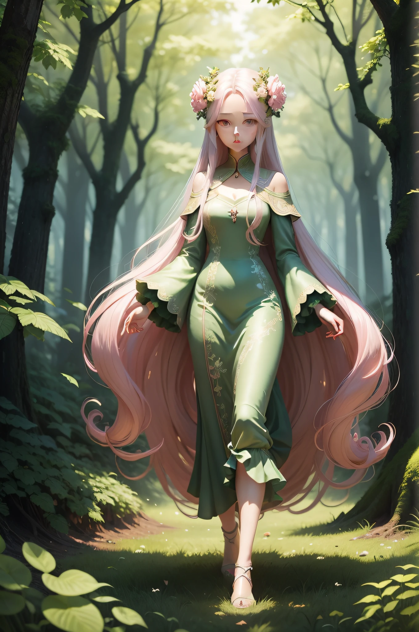 Beautiful Elegant，Gentle feminine，Grass elemental magic，inside a forest，The animations are rich in detail，There are 20-year-old girls，Long pale pink hair flowing flowing，8K high quality work。