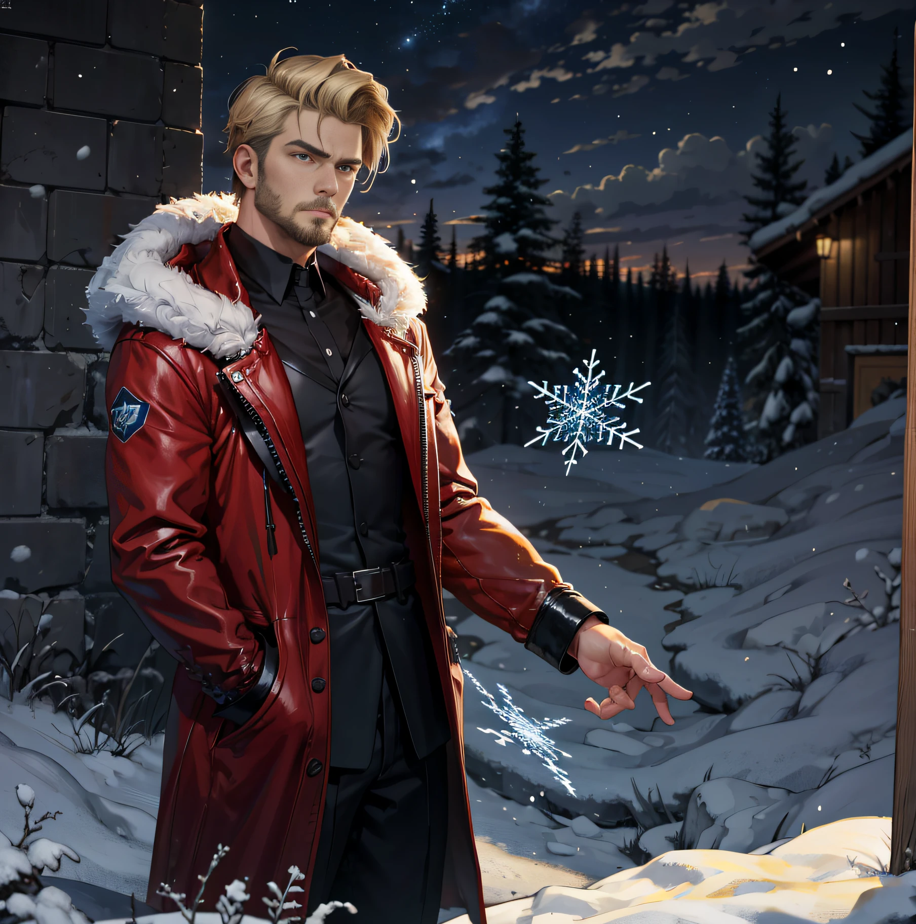 A man with a gloomy appearance, short blond hair, short beard, with gel powers, snowflakes around him, glitter and blue and white powers.