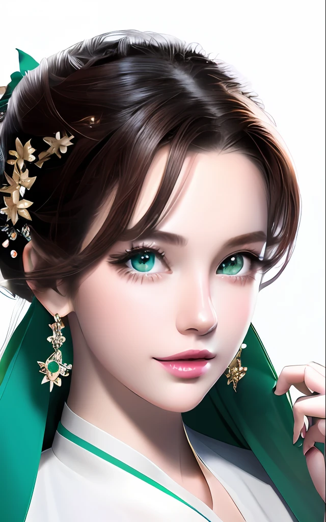 There is a woman standing in front of the camera, full bodyesbian, han-fu, green eyes, stars, wind, Posing for Art Photos, cluster、elegant portrait, a blond、the wind、Photo Portrait 4K, 50mm portrait, cleavage of the breast, a photography of a beautiful woman, elegant profile pose, 60mm portrait, photo portrait, portrait of a beautiful model, profile pose, fine art portrait photography, Sensual Woman, elegant profile pose, looking at viewers