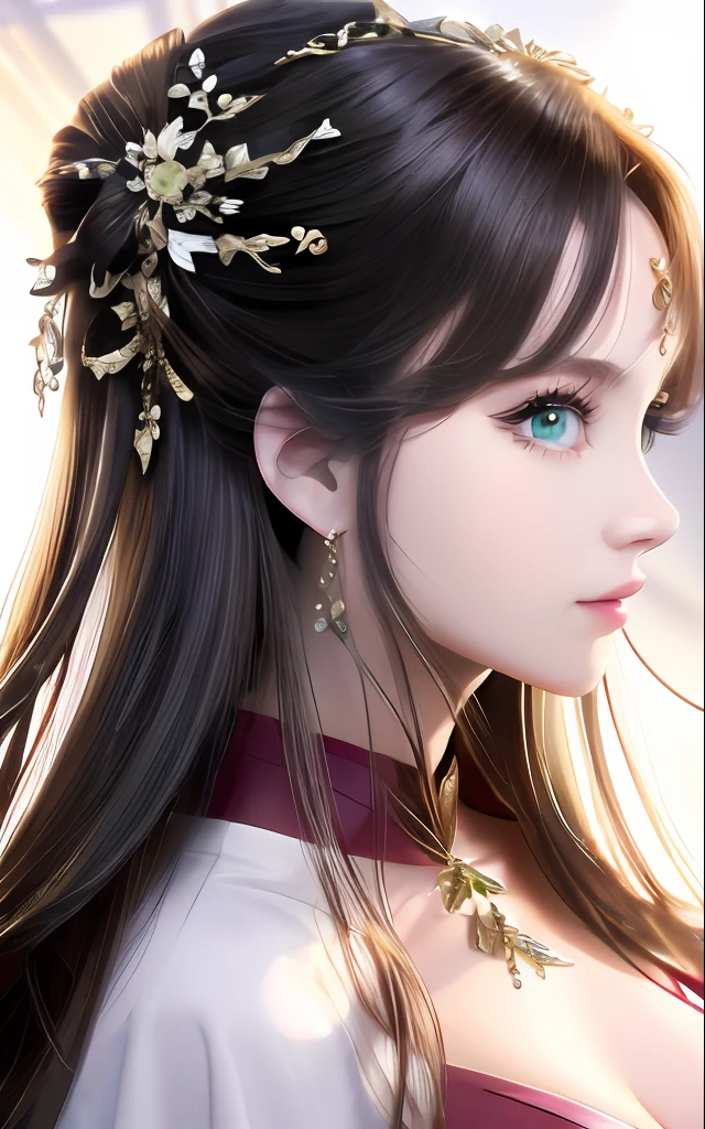 There is a woman standing in front of the camera, full bodyesbian, han-fu, green eyes, stars, wind, Posing for Art Photos, cluster、elegant portrait, a blond、the wind、Photo Portrait 4K, 50mm portrait, cleavage of the breast, a photography of a beautiful woman, elegant profile pose, 60mm portrait, photo portrait, portrait of a beautiful model, profile pose, fine art portrait photography, Sensual Woman, elegant profile pose, looking at viewers
