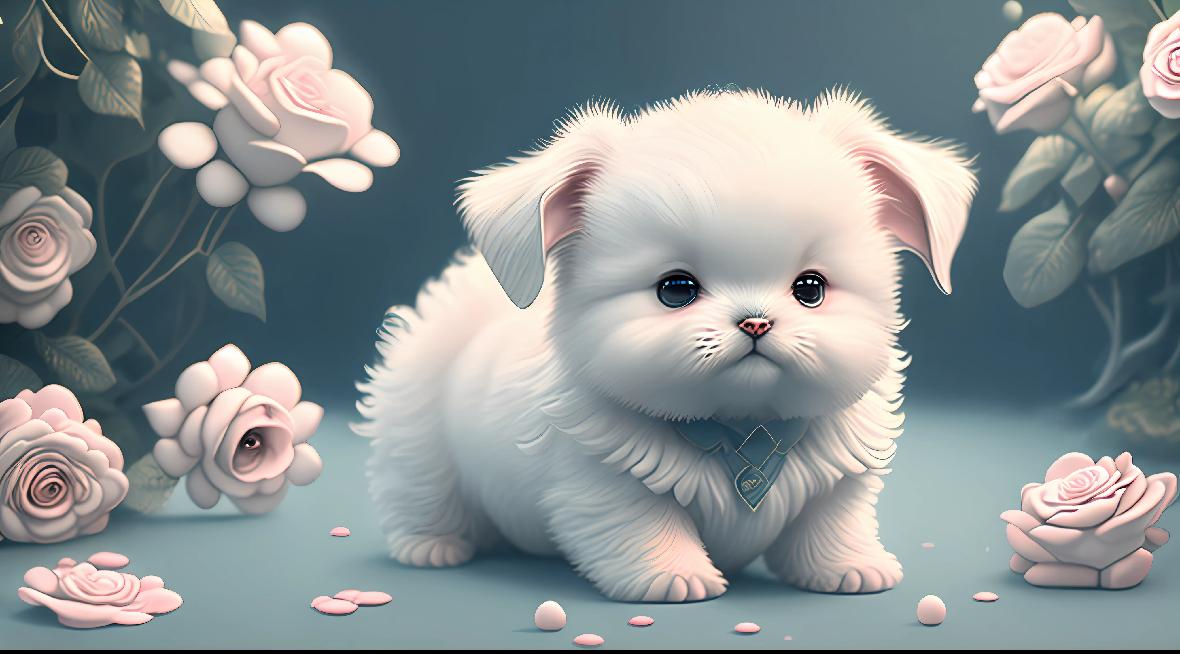 In this ultra-detailed CG art, the adorable puppy surrounded by ethereal roses, best quality, high resolution, intricate details, fantasy, cute animals