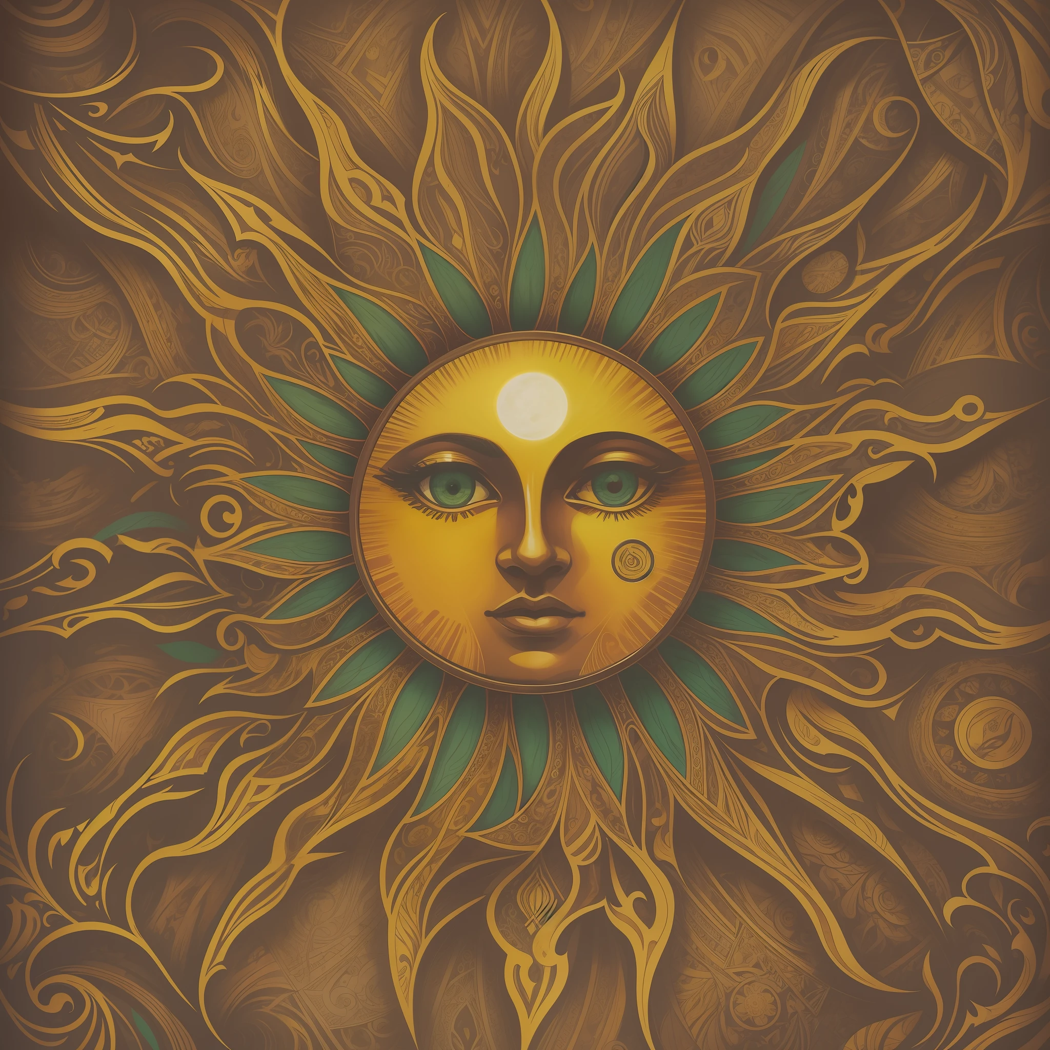uma carta de baralho de poker com um desenho de sol, Drawing number three on it, psychedelic background, imagem de alta qualidade, master part, Very detailed