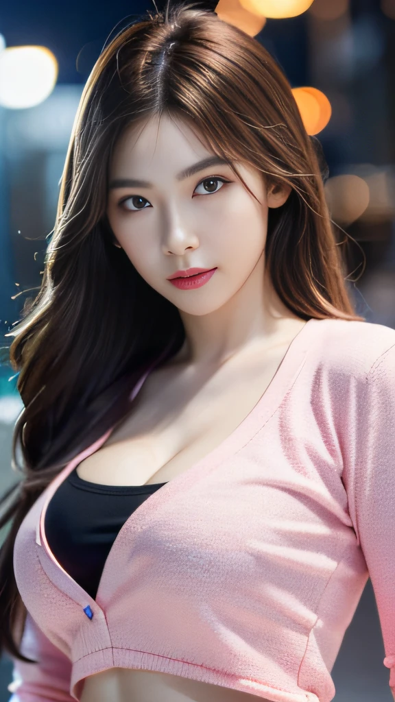 ((Realistic lighting, top quality, 8K, Masterpiece: 1.3)), Clear Focus: 1.2, 1 girl, Perfect Body Beauty: 1.4, Slim Abs: 1.1, ((Dark Brown Hair, Big: 1.3)), (Acceleration: 1.4), (Outdoor, Night: 1.1), Street, Slender Face, Narrow Eyes, Double Eyelids, Exposed Cleavage, Incredibly Ridiculous, Messy Hair, floating hair, long sleeve t-shirt, fashion model pose,